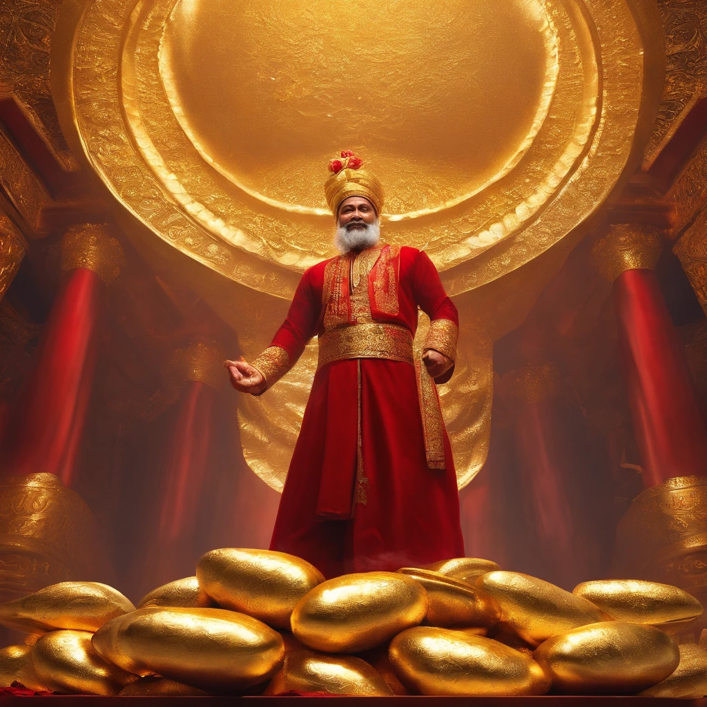 The ground is full of gold ingots，The ancient God of Wealth smiled and held a gold ingot，Dressed in red