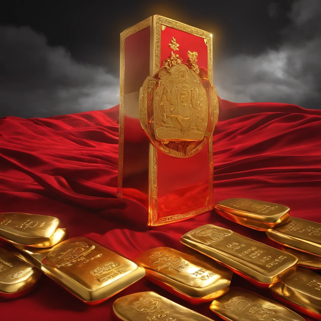 The ground is full of gold ingots，The ancient God of Wealth smiled and held a gold ingot，Dressed in red