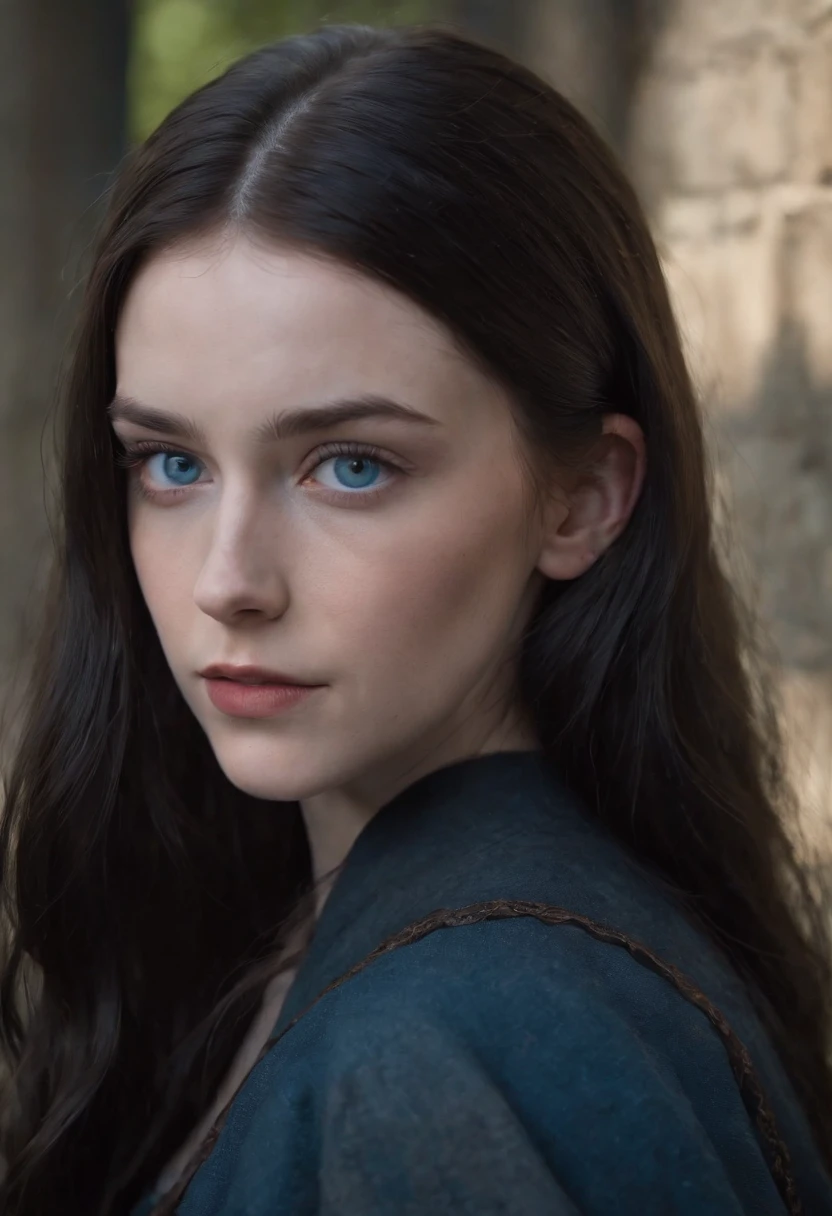 Young 19 year old tall woman with long black hair, pale Irish complexion with deep blue eyes, eyes void of humanity with rage in her eyes, scars on her body with a hogwarts background