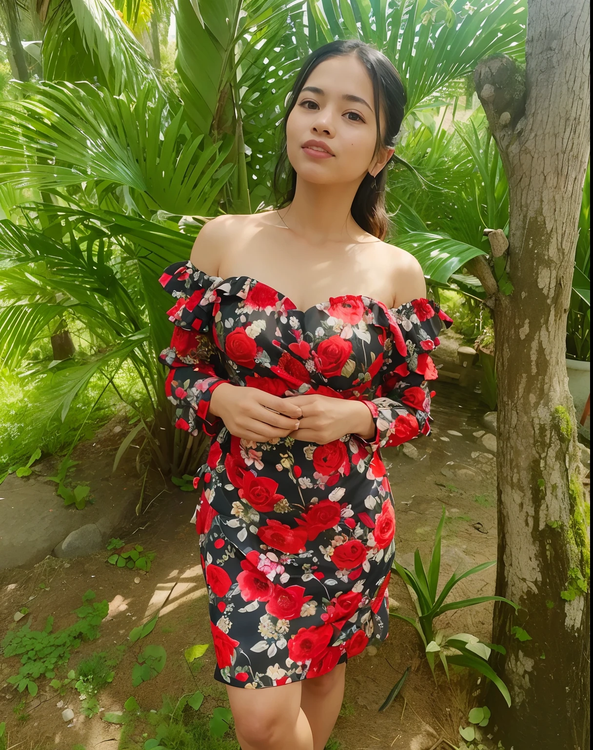 araffe woman in a floral dress standing in front of a tree, red floral dress, dressed in a flower dress, floral clothes, wearing a long flowery dress, wearing floral chiton, wearing a hawaiian dress, frontal pose, inspired by Rose Henriques, wearing in a summer dress, striking pose, stylish pose, full pose, black and red dress