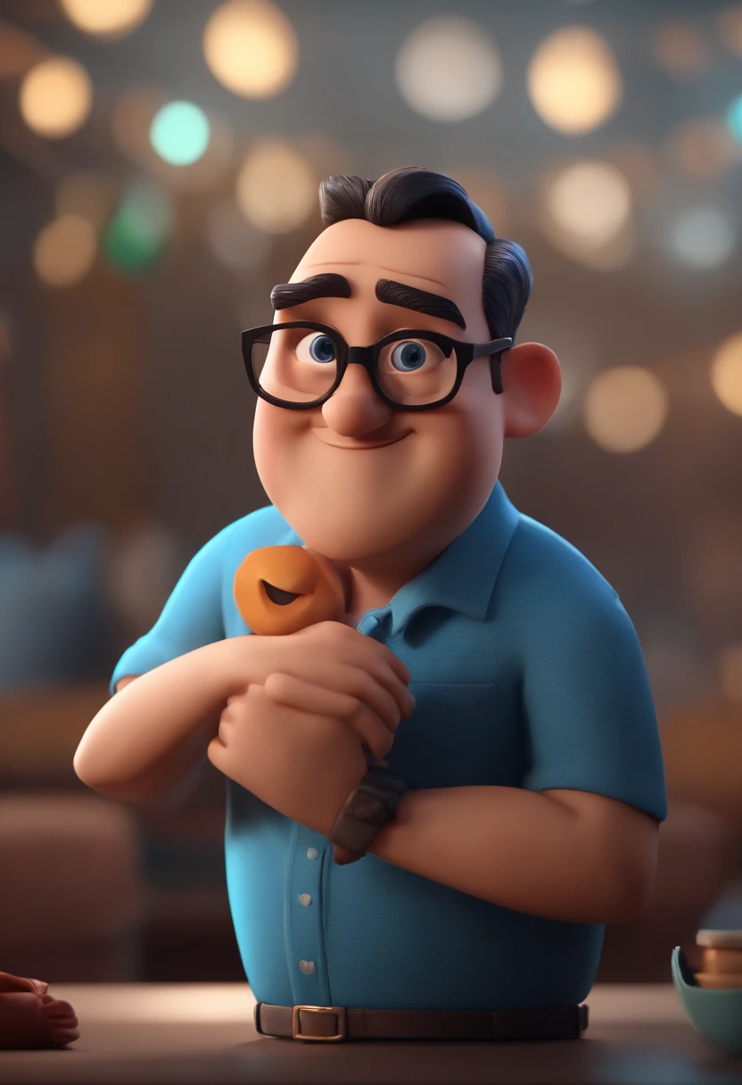 Cartoon character of a man with black glasses and a blue shirt, animation character, Caractere estilizado, animation style rendering, 3D estilizado, Arnold Maya render, 3 d render stylized, toon render keyshot, Personagem 3D, Personagem 3D, 3d rendering stylized, 3 d character render, personagem de desenho animado, Personagem de close up, Pose de personagem, (Estilo Pixar) (master part:1.2) (Bokeh) (best quality) (pele detalhada) (textura detalhada) (8k) (argila) (Cinematic lighting) (foco nítido