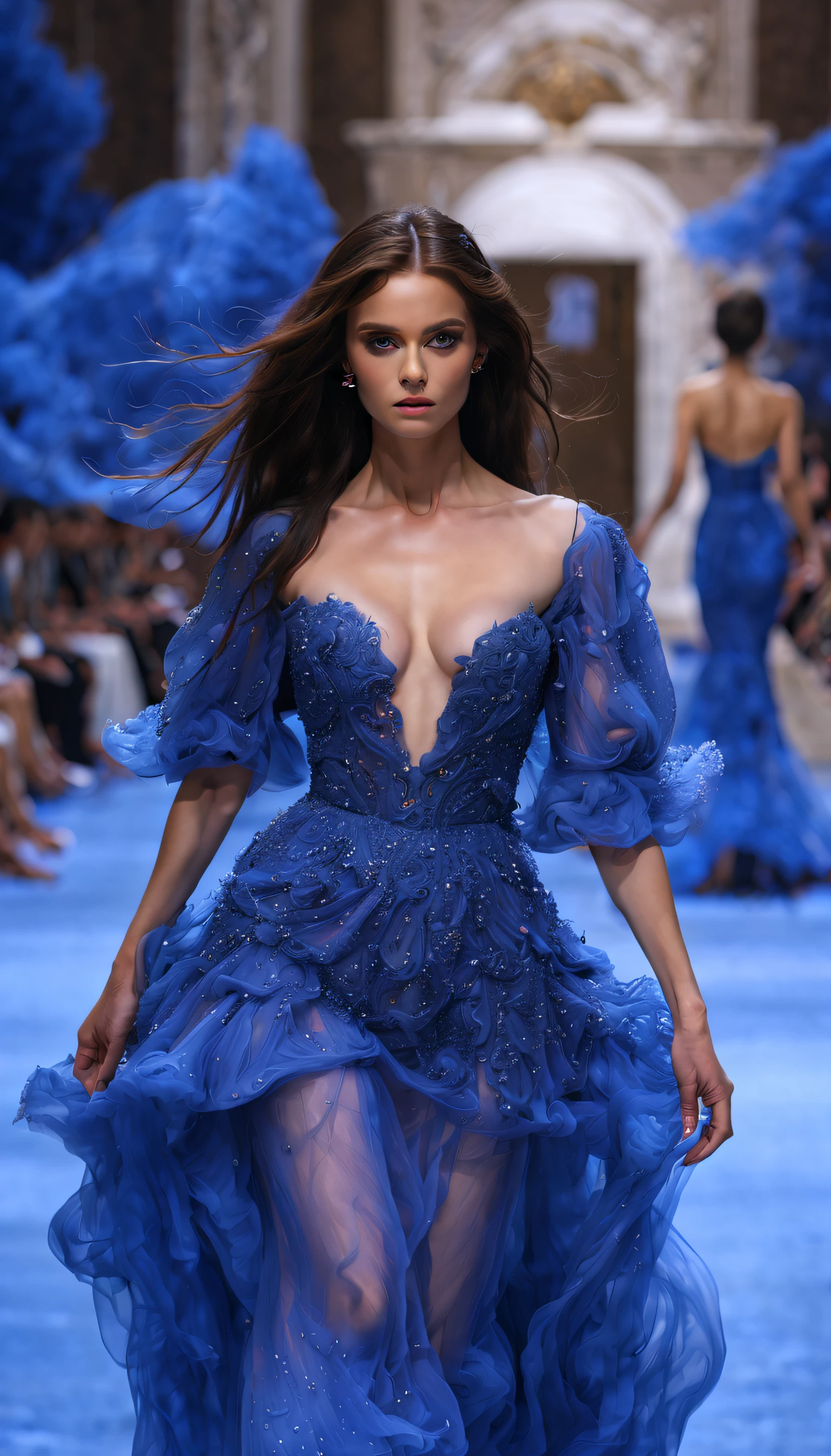 (Photo of female model walking the catwalk in sapphire blue ocean haute couture）,Haute couture, Witch clothes，The scene of the Paris fashion show，Catwalk scene，（full bodyesbian：1.37）.Nice shoes
background：The stepped stage is covered with fine sand，Jupiter，Recife，Sand and foam, dust kicked up，Blue swirls swirl like bubbles,
Absurdly long hair, long eyelasher, Bright pupils,  , Ray tracing, god light, hyper HD, The anatomy of the masterpiece is correct, Textured skin, Super detail, High details, High quality, Award-Awarded, Best quality, A high resolution, 8K，Catwalk scene，Shoot from the bottom up，Look up，