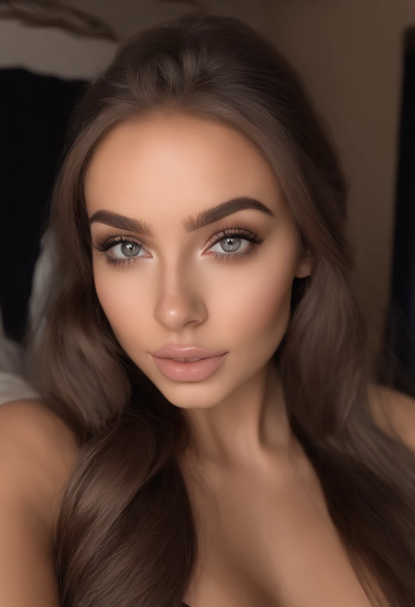 latino woman et swedish , sexy girl with brown eyes, ultra realistic, meticulously detailed, portrait sophie mudd, brown hair and large eyes, selfie of a young woman, bedroom eyes, violet myers, without makeup, natural makeup, looking directly at the camera, face with artgram, subtle makeup, stunning full body shot kneeling on bed, in bedroom, medium to large size bust, showing black plastic pills bottle to the camera