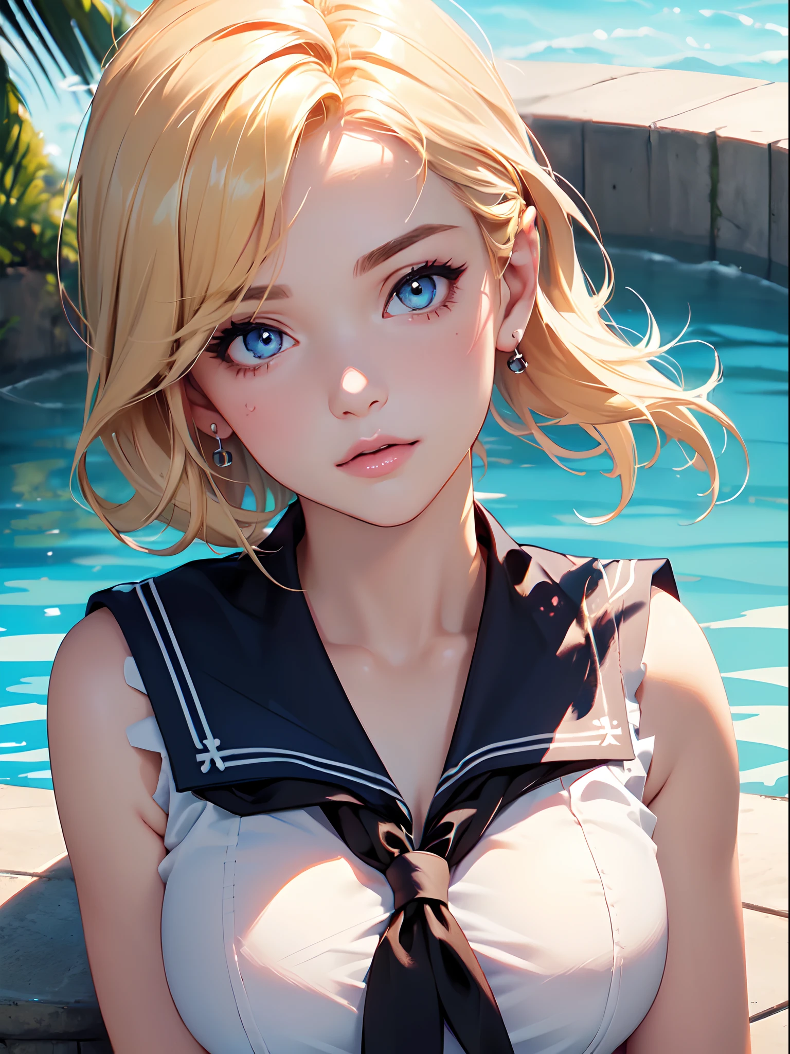 (((close up of upper body))), (large breasts), cleavage, ((Smooth texture, Realistic texture, Photorealistic)), Detailed beautiful eyes, Beautiful eyelashes, emerald eyes, blonde medium hair, extremely detailed CG unified 8k wallpaper, very fine 8KCG wallpaper, (masterpiece, Best Quality), High resolution, Ultra-detailed, ultra-sharp, 1 woman, at poolside, ((( shee rwhite sailor shirt, Sleeveless, Open front))), (Beautiful face, Cute face, Detailed face), (((Sunny))), Perfect Eyes Eyes