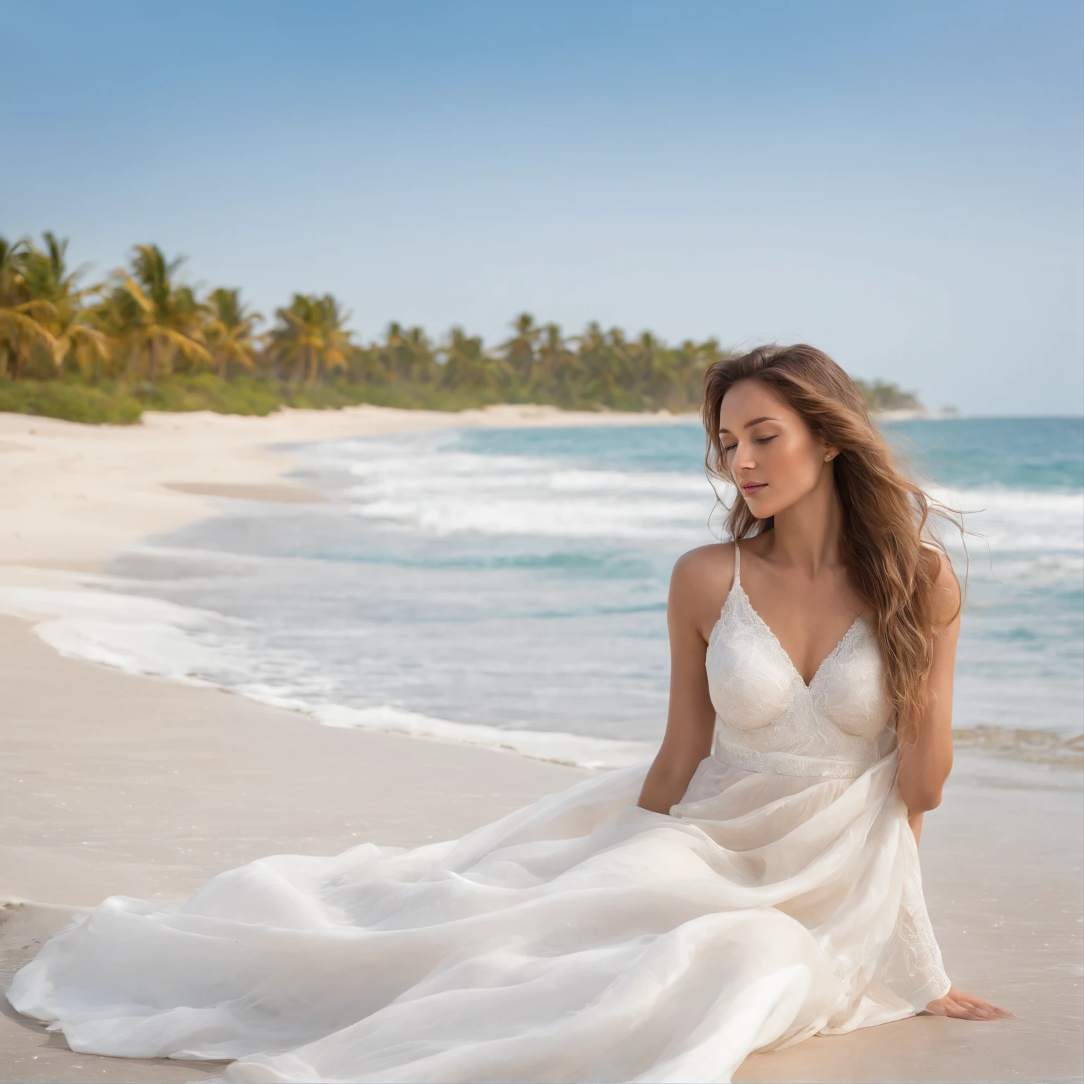 The dazzling sun beamed down upon a breathtaking beach, its luminous rays creating a warm and radiant blanket over the idyllic scene. Nestled upon a stretch of powdery white sand, a young woman lay peacefully, her silhouette contrasting against the pristine canvas of nature that surrounded her.
The azure waters, clear as crystal, gently lapped against the shore, invitingly whispering promises of tranquility and serenity. Waves danced across the vast expanse, their rhythmic melody creating a soothing symphony that embraced the air with each gentle crash. The sea, an ethereal shade of turquoise, mirrored the cloudless sky above, blending the two worlds seamlessly into one enchanting tapestry.
Seashells adorned the shoreline like precious jewels, nature's delicate offerings revealing themselves beneath the golden sun. The gentle ebb and flow of the tide carried with it fragments of life, each seashell bearing witness to the ocean's grandeur and the secrets it held. The vibrant foliage, a lush kaleidoscope of greens, whispered stories of life and resilience, standing tall against the salty breeze that brushed through their branches.
As the young woman lay with grace and confidence, her radiant form bathed in the warmth of the sun's tender caress. Her skin, kissed by the light, glowed with a luminosity that mirrored the shimmering waters before her. Her eyes, a reflection of the ocean's depths, sparkled with an inner peace that only nature's embrace could bring.
The sensation of the soft, powdery sand beneath her, as if countless tiny pearls were cradling her very being. The gentle touch of the cool breeze, dancing playfully with her hair, carried with it a refreshing calmness that permeated every fiber of her being. The scent of salt and sea mingled in the air, carrying with it a sense of freedom and possibility, inviting all who embraced it to be reborn, to let go of life's worries and surrender to the awe-inspiring beauty surrounding them.