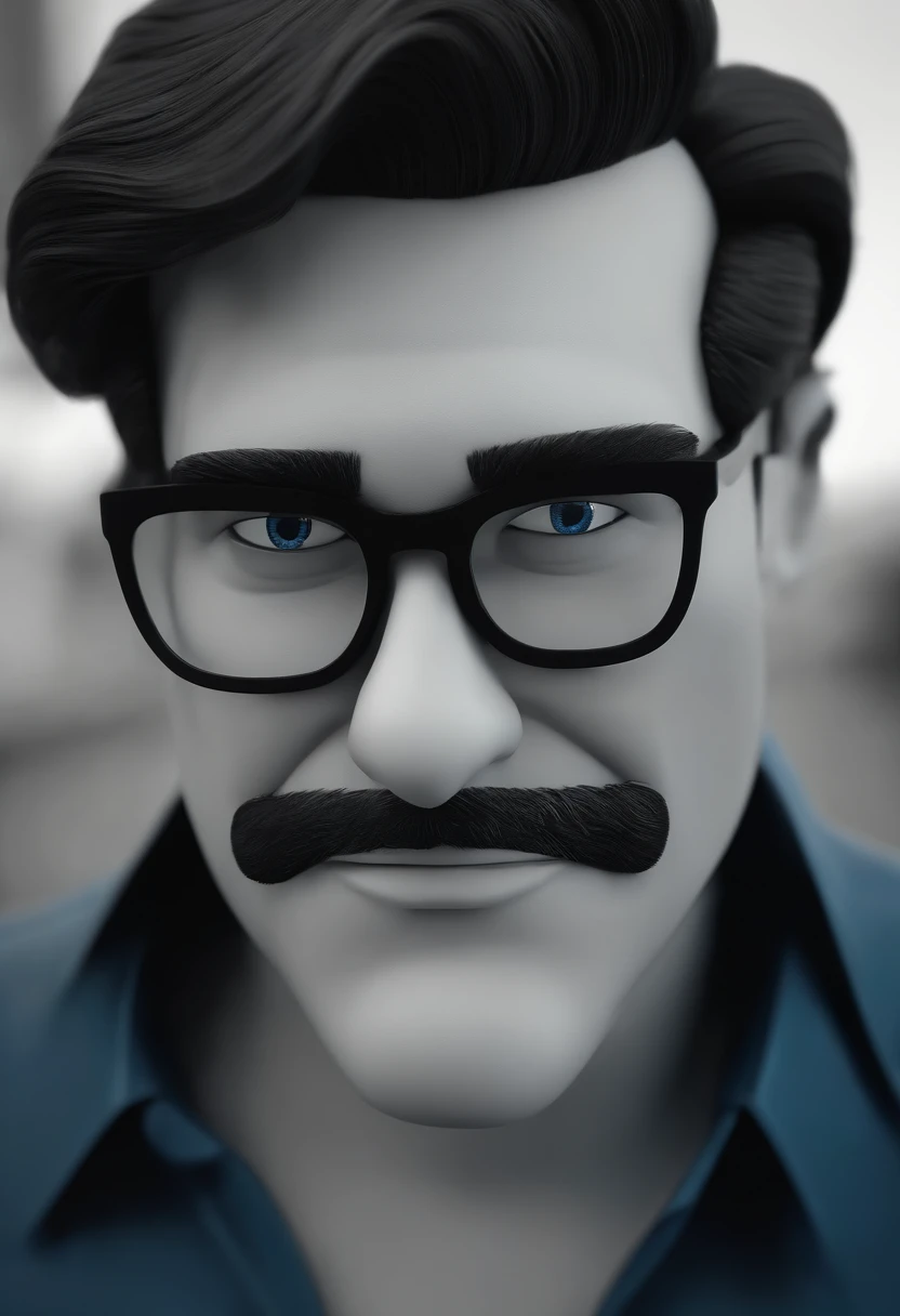 Cartoon character of a man wearing black glasses and a blue shirt, um personagem animado, Caractere estilizado, animation style rendering, 3D estilizado, Arnold Maya render, 3 d render stylized, toon render keyshot, Personagem 3D, Personagem 3D, 3d rendering stylized, 3 d character render, personagem de desenho animado, Personagem de close up, Pose de personagem, (Estilo Pixar) (master part:1.2) (Bokeh) (best quality) (pele detalhada) (textura detalhada) (8k) (argila) (Cinematic lighting) (foco nítido，Senta e vaza a parte superior do corpo