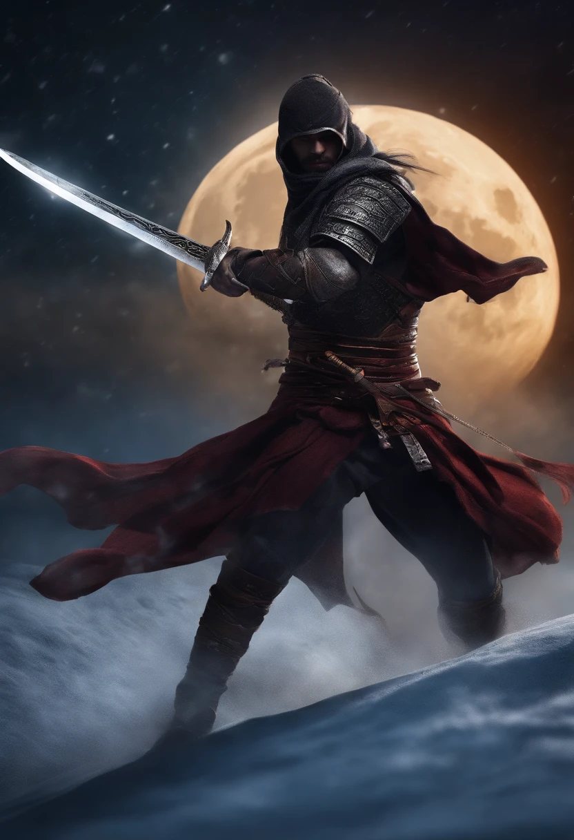 ((Ancient Chnisese sword assasin)),dash to kill target,(under the moon night shadow),freezing sharo sword blace,close to eyes,front of him