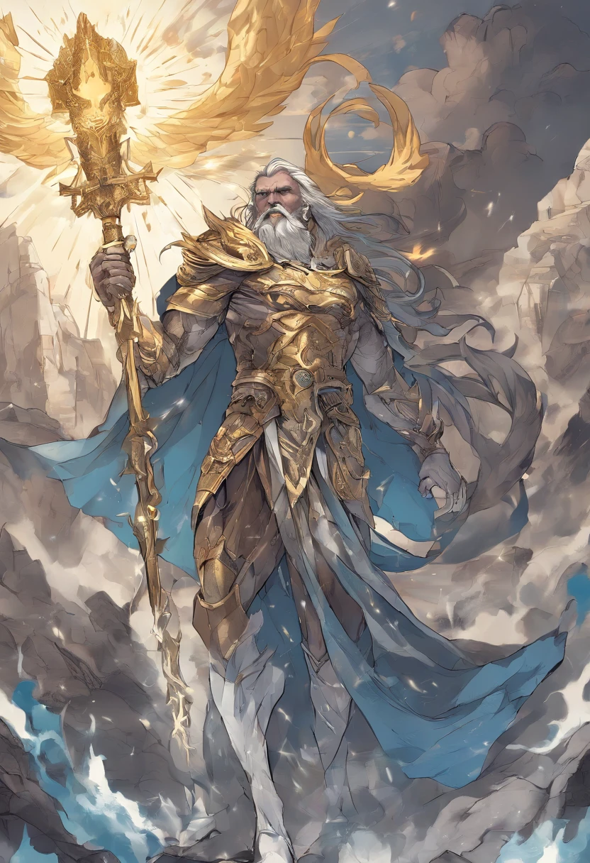 Best quality,Ultra-detailed,Realistic:1.37,Portrait,Gray-haired, Zeus with a mature face,[Strong, The cleavage protrudes, musculous],[Wise, Powerful, majestic-looking],[Deep, piercing eyes],[Majestic, Flowing beard],[The cleavage protrudes, defined cheekbones],[Imposing, Imperial expression],[A god-like aura],Stormy weather,thunderclap,Cloudy sky,Ancient Greek mythology,Divine Ruler of God and Man,Rule the heavens,[Golden crown, Shines with the light of authority],[Robes, flowing in the wind],[Thunderous sound, Echoes in the sky],mountain peaks,Olive wreath,Marble Temple,Electricity,strength,All-knowing and all-powerful God,contrasting shadows,dark linework,Subtle color palette,mythological creatures,salama,destructive forces,Nature's wrath,Um ser celestial,undying,wisdom,and justice,Looking down on the mortal world,Instill fear and awe,Father of the gods,Bright, vibrant sky,Holding a scepter,Exudes raw power and dominance,Almighty ruler of Mount Olympus,Very similar to a wise and powerful king,The divine light illuminated his existence,Thunderous sound,Roaring like thunder,An aura of overwhelming strength and wisdom，The overall color change to blue