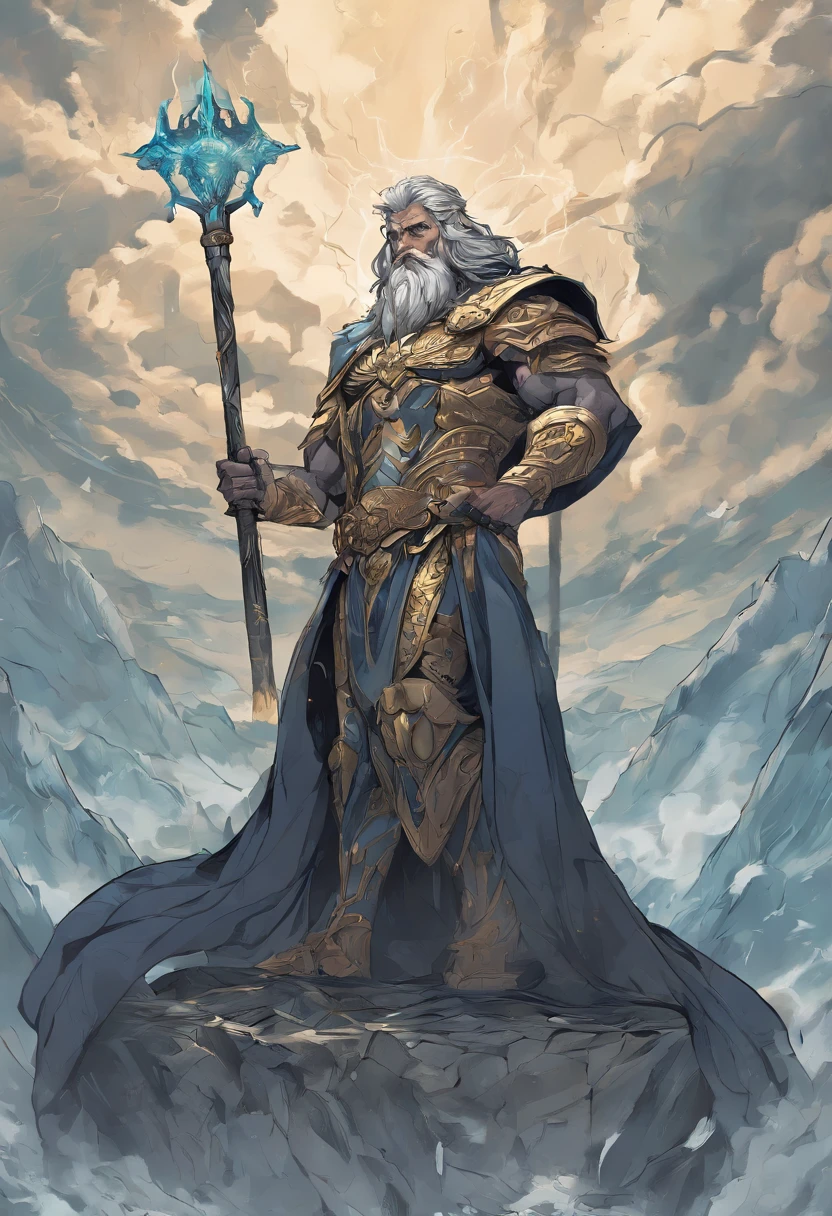 Best quality,Ultra-detailed,Realistic:1.37,Portrait,Gray-haired, Zeus with a mature face,[Strong, The cleavage protrudes, musculous],[Wise, Powerful, majestic-looking],[Deep, piercing eyes],[Majestic, Flowing beard],[The cleavage protrudes, defined cheekbones],[Imposing, Imperial expression],[A god-like aura],Stormy weather,thunderclap,Cloudy sky,Ancient Greek mythology,Divine Ruler of God and Man,Rule the heavens,[Golden crown, Shines with the light of authority],[Robes, flowing in the wind],[Thunderous sound, Echoes in the sky],mountain peaks,Olive wreath,Marble Temple,Electricity,strength,All-knowing and all-powerful God,contrasting shadows,dark linework,Subtle color palette,mythological creatures,salama,destructive forces,Nature's wrath,Um ser celestial,undying,wisdom,and justice,Looking down on the mortal world,Instill fear and awe,Father of the gods,Bright, vibrant sky,Holding a scepter,Exudes raw power and dominance,Almighty ruler of Mount Olympus,Very similar to a wise and powerful king,The divine light illuminated his existence,Thunderous sound,Roaring like thunder,An aura of overwhelming strength and wisdom，The overall color change to blue
