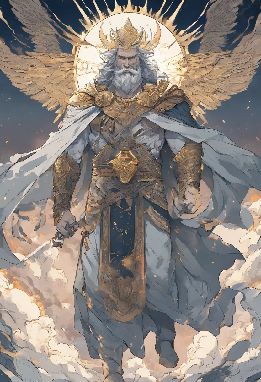 Best quality,Ultra-detailed,Realistic:1.37,Portrait,Gray-haired, Zeus with a mature face,[Strong, The cleavage protrudes, musculous],[Wise, Powerful, majestic-looking],[Deep, piercing eyes],[Majestic, Flowing beard],[The cleavage protrudes, defined cheekbones],[Imposing, Imperial expression],[A god-like aura],Stormy weather,thunderclap,Cloudy sky,Ancient Greek mythology,Divine Ruler of God and Man,Rule the heavens,[Golden crown, Shines with the light of authority],[Robes, flowing in the wind],[Thunderous sound, Echoes in the sky],mountain peaks,Olive wreath,Marble Temple,Electricity,strength,All-knowing and all-powerful God,contrasting shadows,dark linework,Subtle color palette,mythological creatures,salama,destructive forces,Nature's wrath,Um ser celestial,undying,wisdom,and justice,Looking down on the mortal world,Instill fear and awe,Father of the gods,Bright, vibrant sky,Holding a scepter,Exudes raw power and dominance,Almighty ruler of Mount Olympus,Very similar to a wise and powerful king,The divine light illuminated his existence,Thunderous sound,Roaring like thunder,An aura of overwhelming strength and wisdom，The overall color change to blue