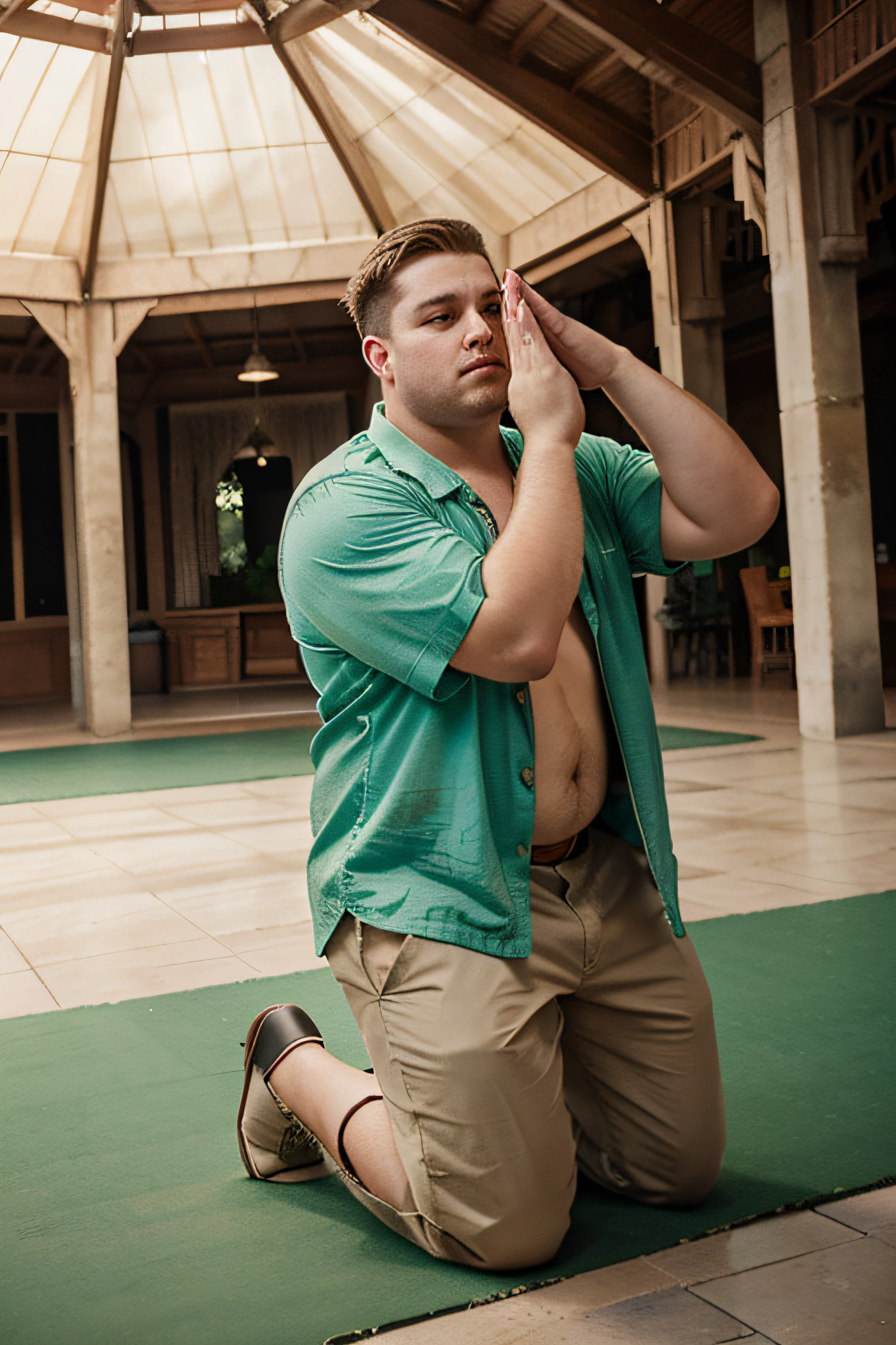 （male people：1.5，youth：1.5，fat guy，Bunched hair，Wear jade，Wear gold），Inside the pavilion，kneels on the ground，salute，Antique two-dimensional，aquarelle