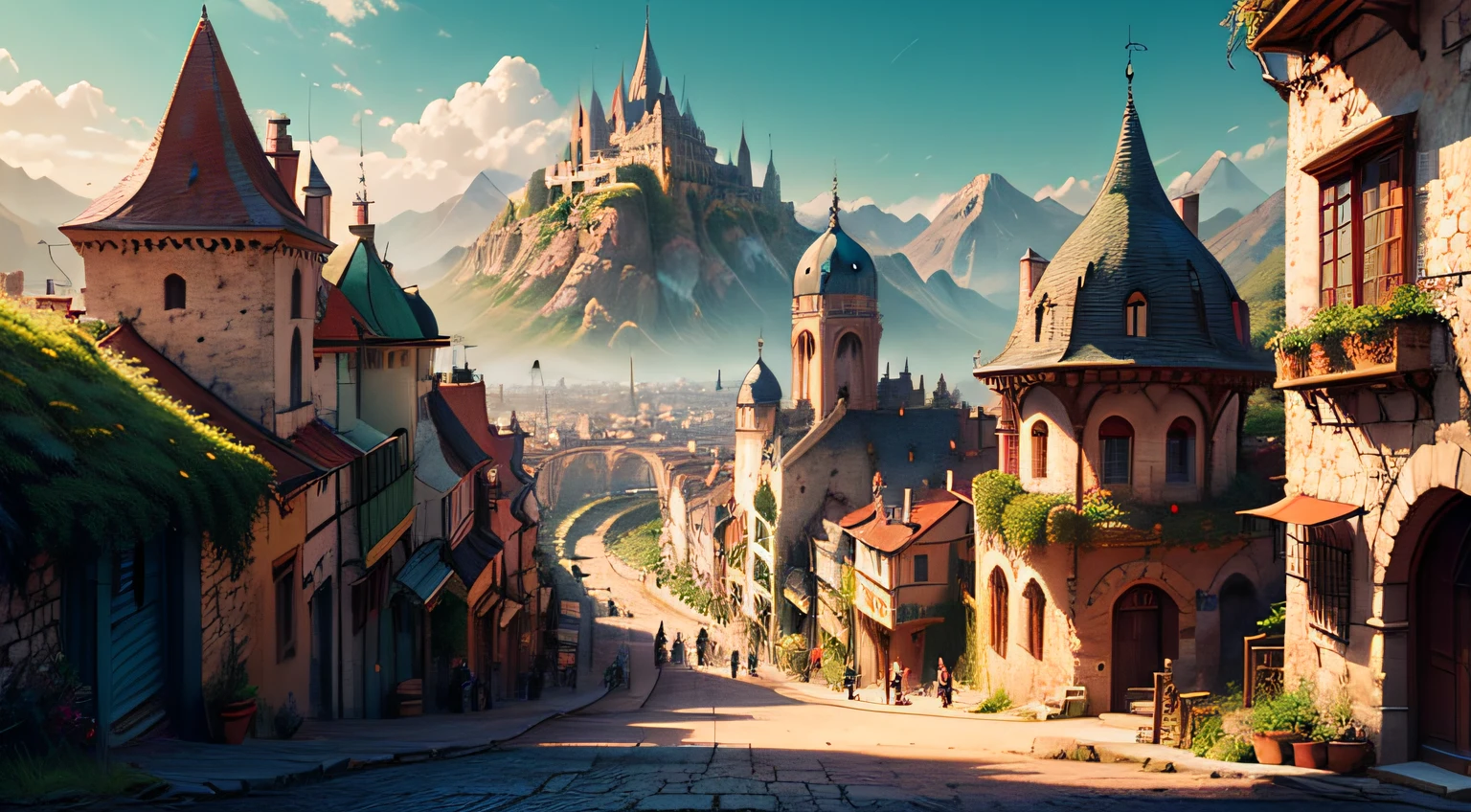 ((fantasy-medieval theme)), fantasy-medieval large-metropolitan fortified city, semi-tropical, mountains in the background, 1 high towering and long fantasy-medieval castle-palace standing at the top of the rocky-green hill in the middle of the city, fantasy-medieval roads, (((colorful buildings))), busy street, crowded, aesthetic, masterpiece, best quality