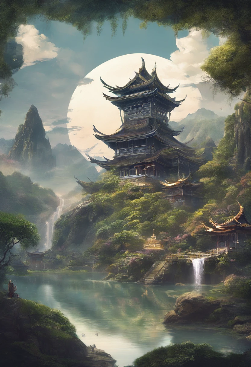 Chinese mythology,Mountain and Sea Sutra,celestial gardens,datura,Best picture quality,super-fine,Super magical,ultra - detailed,8K分辨率,dynamic viewing angle