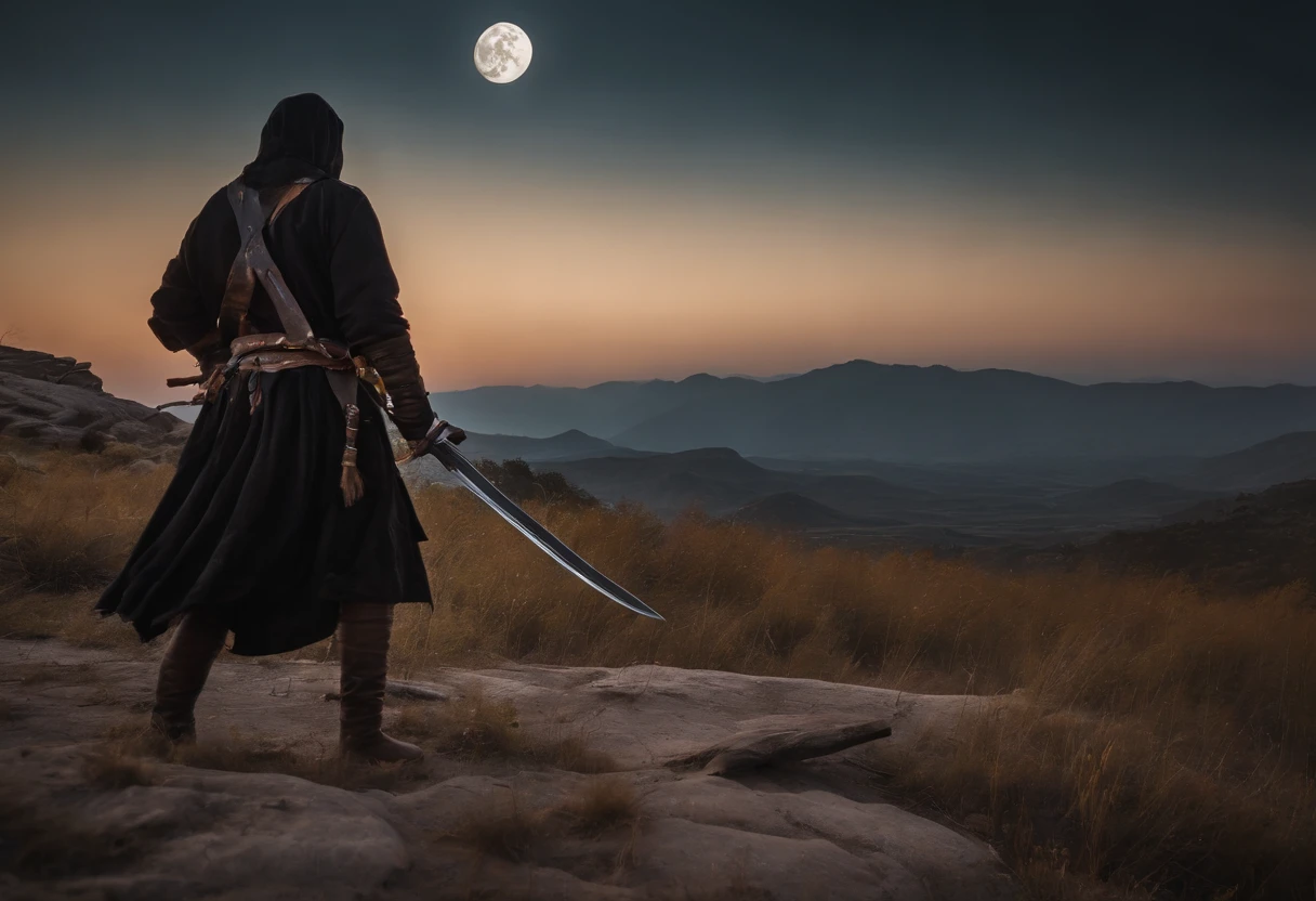 ((Ancient Chnisese sword assasin)),dash to kill target,(under the moon night shadow),freezing sharo sword blace,close to eyes,front of him