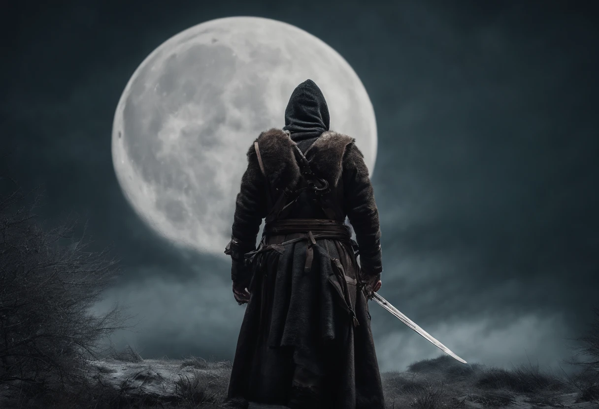 ((Ancient Chnisese sword assasin)),dash to kill target,(under the moon night shadow),freezing sharo sword blace,close to eyes,front of him