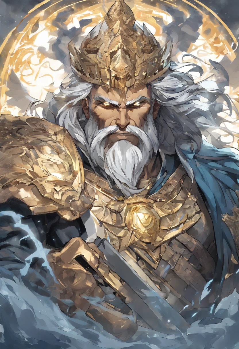 Best quality,Ultra-detailed,Realistic:1.37,Portrait,Gray-haired, Zeus with a mature face,[Strong, The cleavage protrudes, musculous],[Wise, Powerful, majestic-looking],[Deep, piercing eyes],[Majestic, Flowing beard],[The cleavage protrudes, defined cheekbones],[Imposing, Imperial expression],[God-like aura],Stormy weather,thunderclap,Cloudy sky,Ancient Greek mythology,Divine Ruler of God and Man,Rule the heavens,[Golden crown, Shines with the light of authority],[Robes, flowing in the wind],[Thunderous sound, Echoes in the sky],mountain peaks,Olive wreath,Marble Temple,Electricity,strength,All-knowing and all-powerful God,contrasting shadows,dark linework,Subtle color palette,mythological creatures,salama,destructive forces,Nature's wrath,Um ser celestial,undying,wisdom,and justice,Looking down on the mortal world,Instill fear and awe,Father of the gods,Bright, vibrant sky,Holding a scepter,Exudes raw power and dominance,Almighty ruler of Mount Olympus,Very similar to a wise and powerful king,The divine light illuminated his existence,Thunderous sound,Roaring like thunder,An aura of overwhelming strength and wisdom，The overall color changes to blue，Standing in the ocean