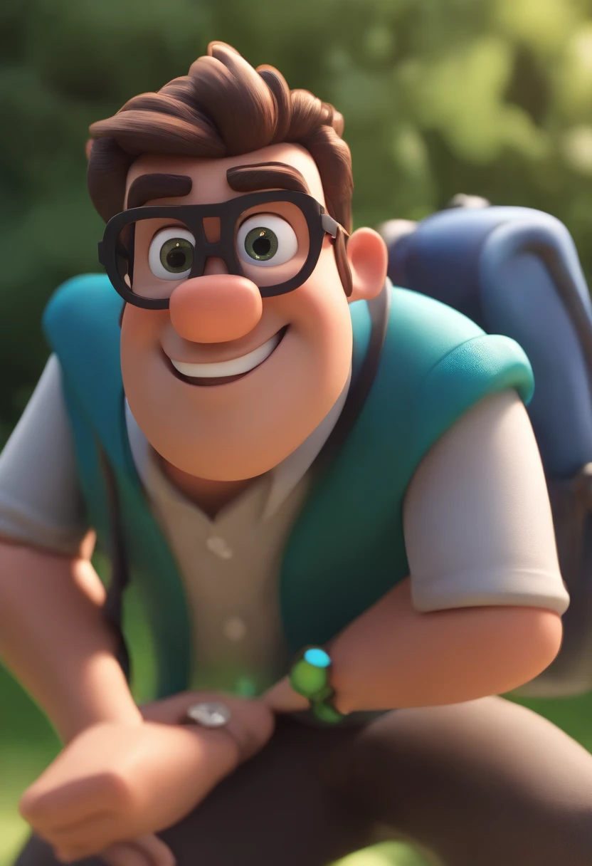 Cartoon character of a man wearing black glasses and a blue shirt, um personagem animado, Caractere estilizado, animation style rendering, 3D estilizado, Arnold Maya render, 3 d render stylized, toon render keyshot, Personagem 3D, Personagem 3D, 3d rendering stylized, 3 d character render, personagem de desenho animado, Personagem de close up, Pose de personagem, (Estilo Pixar) (master part:1.2) (Bokeh) (best quality) (pele detalhada) (textura detalhada) (8k) (argila) (Cinematic lighting) (foco nítido,Senta e vaza a parte superior do corpo