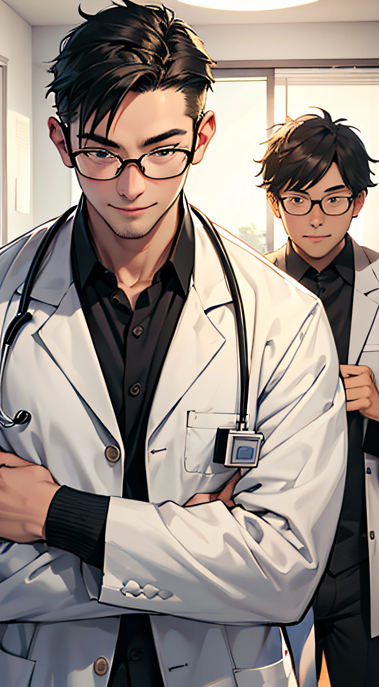 physician、male people、age 30s、Facing the front、masculinity、twinks、faces、Black-rimmed glasses、healthy、A smile、Alone、Only one person、No depiction of the person behind、Describe only the person in front of you、Stylish room with background