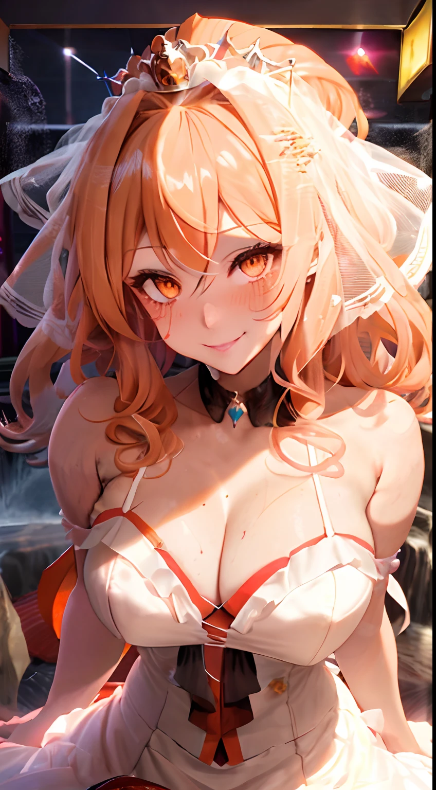 Fluffy hair,flaxen hair,Orange Eyes,red tide,Sexy lips,gloss々Lips,Breasts wide open,valley,Heart mark in hand,Shy smile,Asymmetrical skirt hem,Luxurious dresses,Light Pink Wedding Dresses,Wearing a veil,Tiara on the head,Confetti is flying