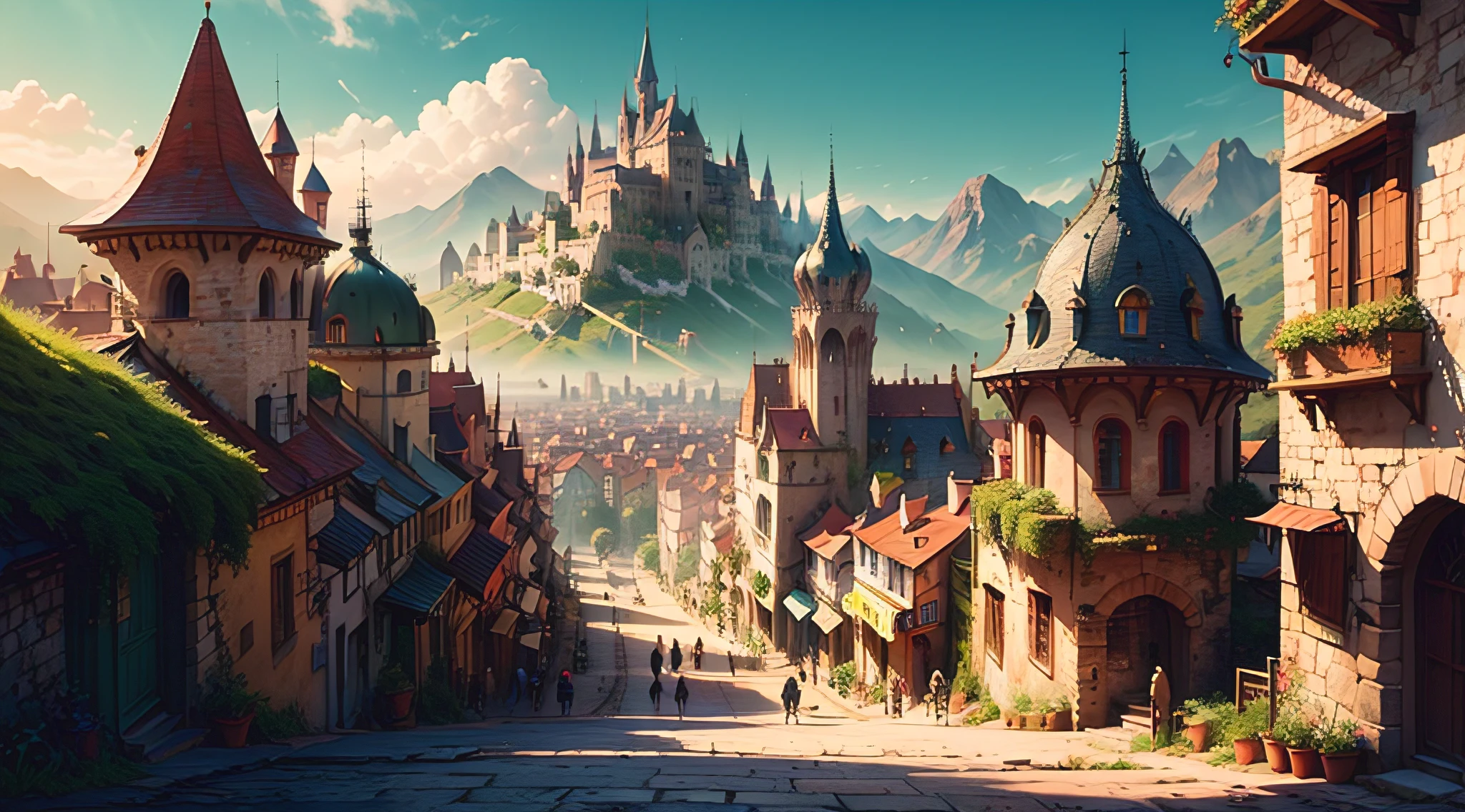 ((fantasy-medieval theme)), fantasy-medieval large-metropolitan fortified city, semi-tropical, mountains in the background, 1 high towering and long fantasy-medieval castle-palace standing at the top of the rocky-green hill in the middle of the city, fantasy-medieval roads, (((colorful buildings))), busy street, crowded, aesthetic, masterpiece, best quality