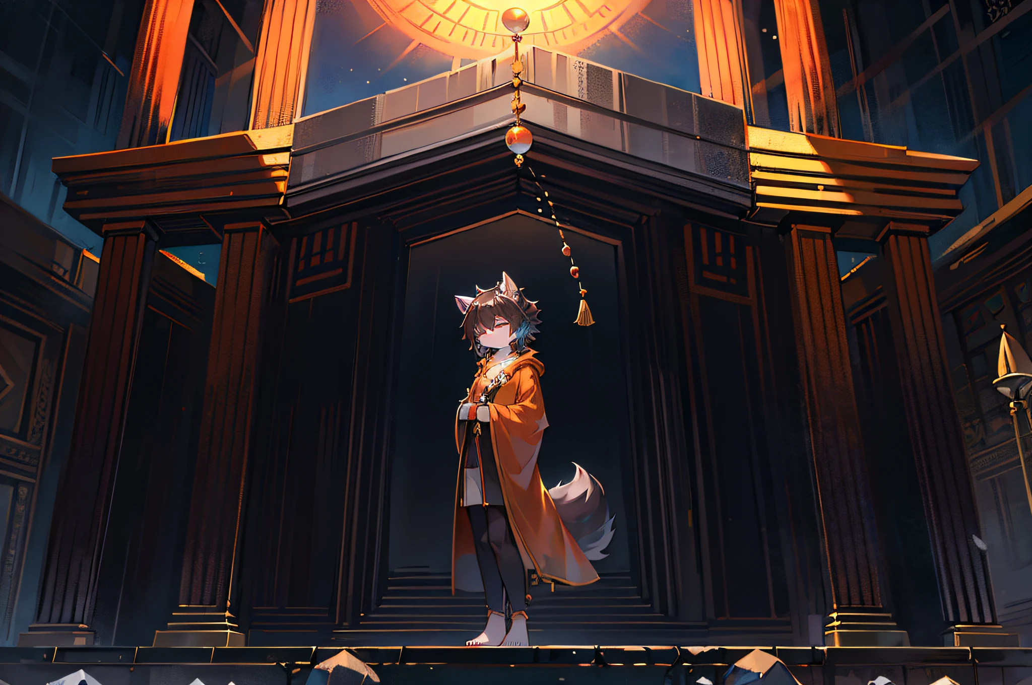 Black Haired Wolf,orange robe,head bowed slightly,rays of sunshine,had his hands folded,Holding a Buddha bead,Shota,shoun,adolable,Ambiguous gender,standing on your feet,closing her eyes,in front of temple,clear blue skies,Black color hair,stone monument,solo person