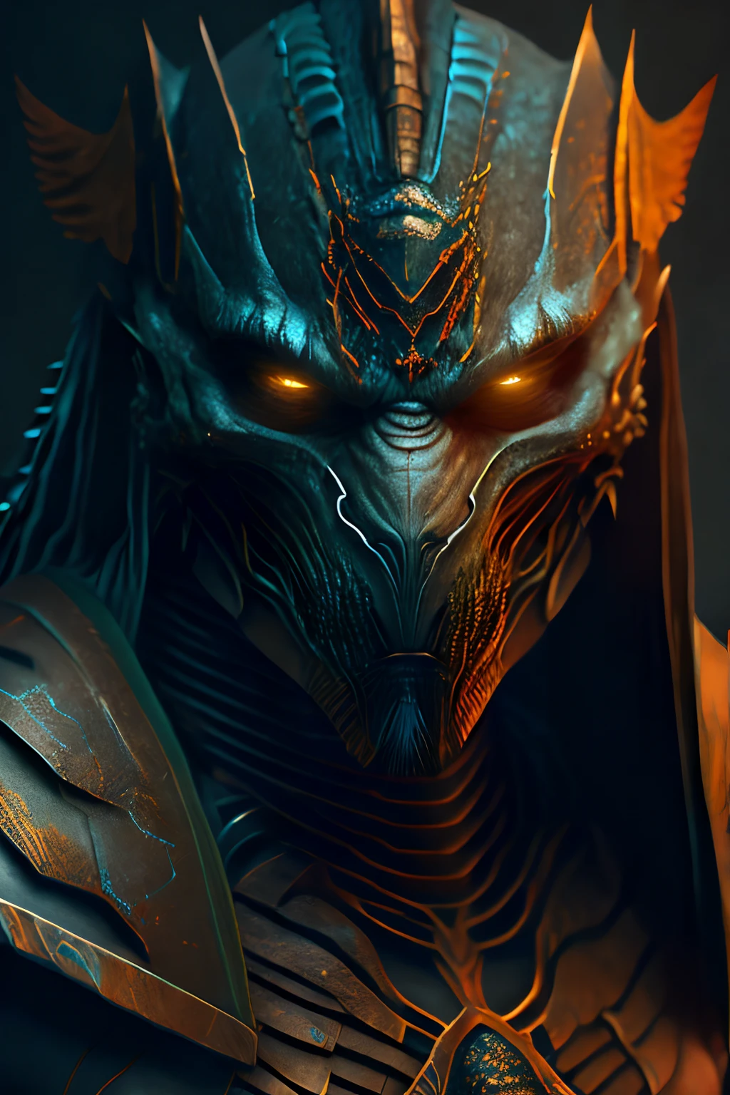 The ancient predator warrior, dark horror futurism, cinematic, fine details, 8k, (dark shot:0.7), Subsurface scattering, (ambient lighting:1.3), (ArtStation:1.3)