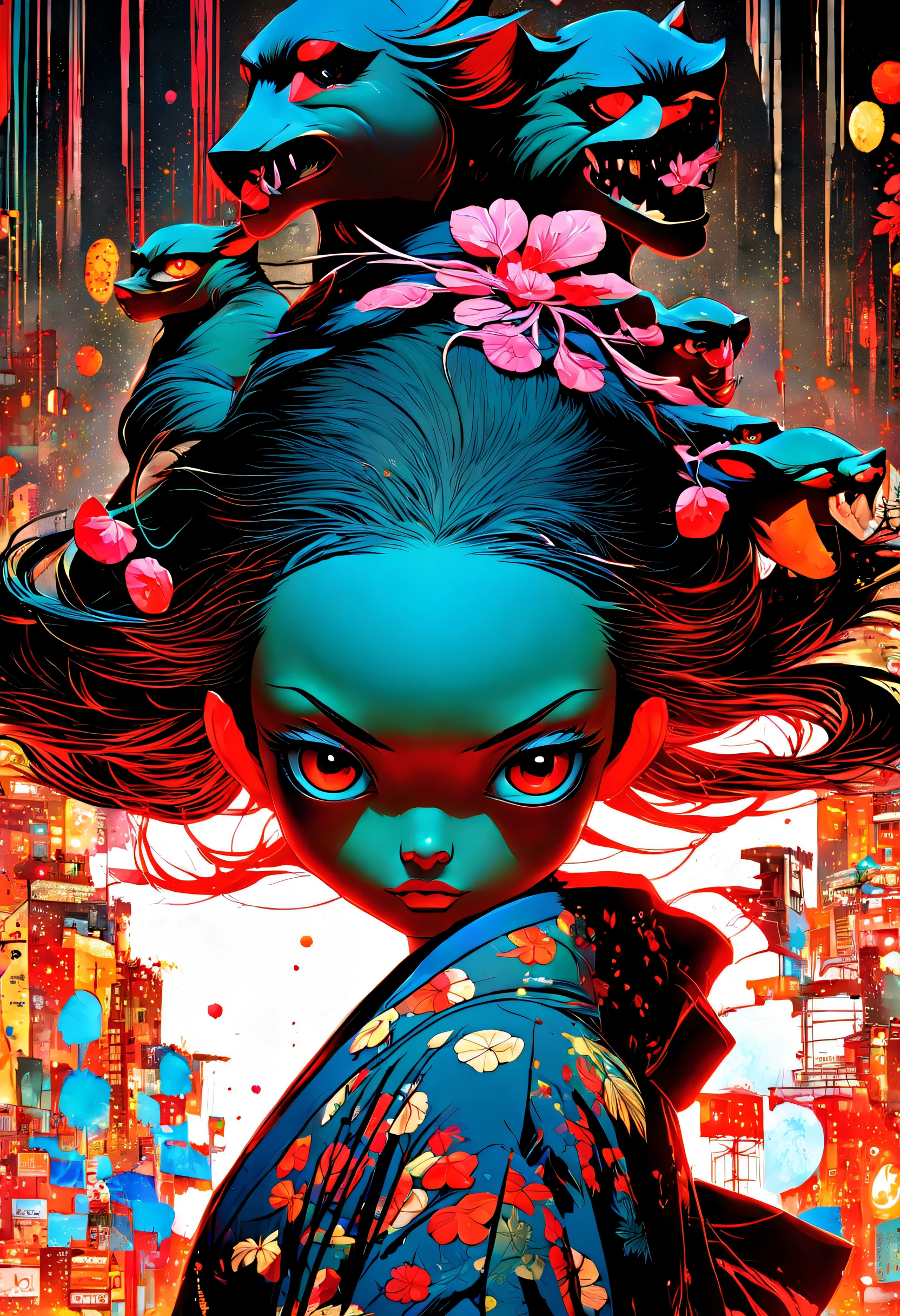 znchn style、Official、masterpiece、Beautiful fece、highly contrast、(art by:1.4)、japanese god々A lonely girl fused with、portraitures、In cyberspace、(Shooting with an ultra-wide-angle lens:1.2)、kimono、The dog is on the side、brown haired、long shoulder hair、illustratio、Subtle Colour、profile、Subtle Colour、post grunge、concept-art、Paint Splatter、intricate-detail。Highly detailed and detailed eyes、Trending in art stations、Jothan Gonzalez and Rop、James Jean、Vikton Gai、David Rabun、Mike Mignola、Lauri Lee、masutepiece、top-quality、