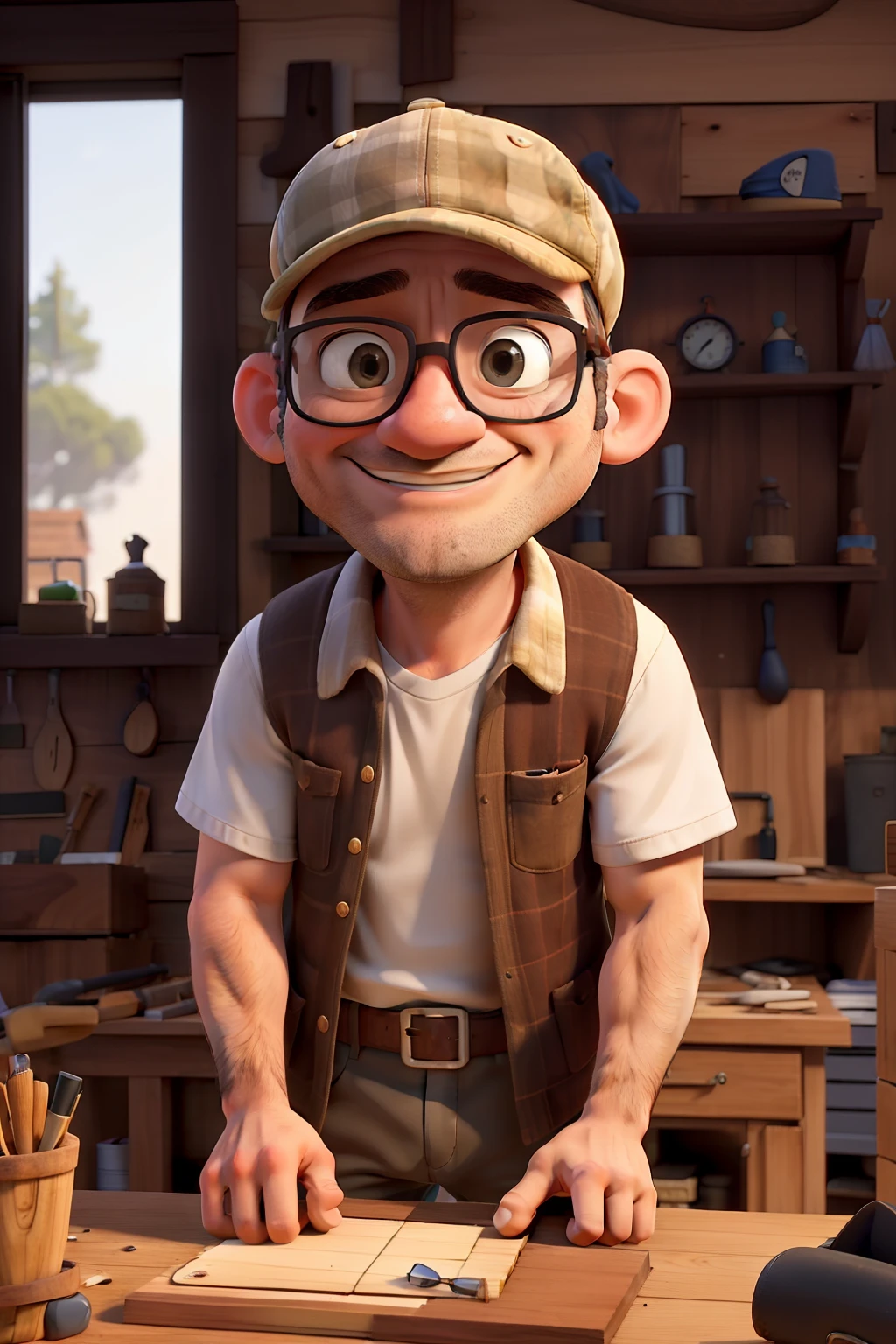 Obra-prima, de melhor qualidade, 40-year-old man with cap, Glasses in a woodworking shop.