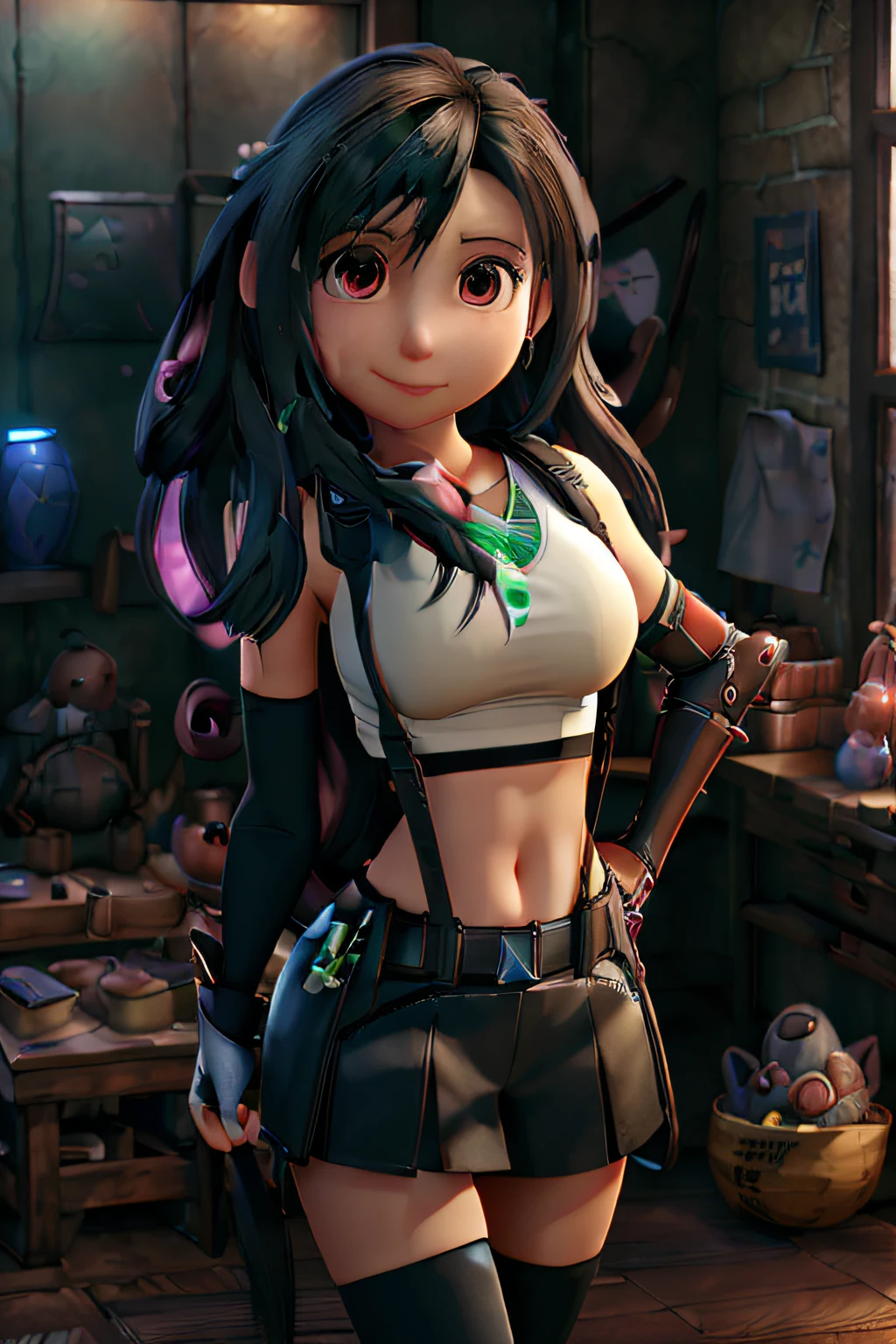 (8K、Top image quality、masterpiece:1.2)、(reallistic、Photorealsitic:1.37)、ultra-detailliert、1 girl in、cute little、独奏、(tifa lockhart)、(tiny chest)、(beautidful eyes)、(a smile:1.2)、(Closed)、erotic posing、dance、neons、A city scape、depth of fields、Dark and strong shadows、Sharp focus、Bolides、motion-blur、motor bikes、depth of fields、composition、green glowing light、Final Fantasy VII、date、(nose blush)、Single Elbow Pad、Ankle Boots、Blue eyes、A dark-haired、a black skirt、black thighhighs、Red boots、elbowgloves、elbow pad、fingerless glove、taut shirt、Sportsbra、(Suspender Black Skirt)、Thigh、White Tank Top、full bodyesbian、head rest、s lips、beauitful face、low-tie long hair、(red_eyes))、yellow flower、(natta:1.3)、with an intricate、Bokeh、cinematlic lighting、photon maping、Radio City、Physically Based Rendering、(Tetsuya Nomura Style)