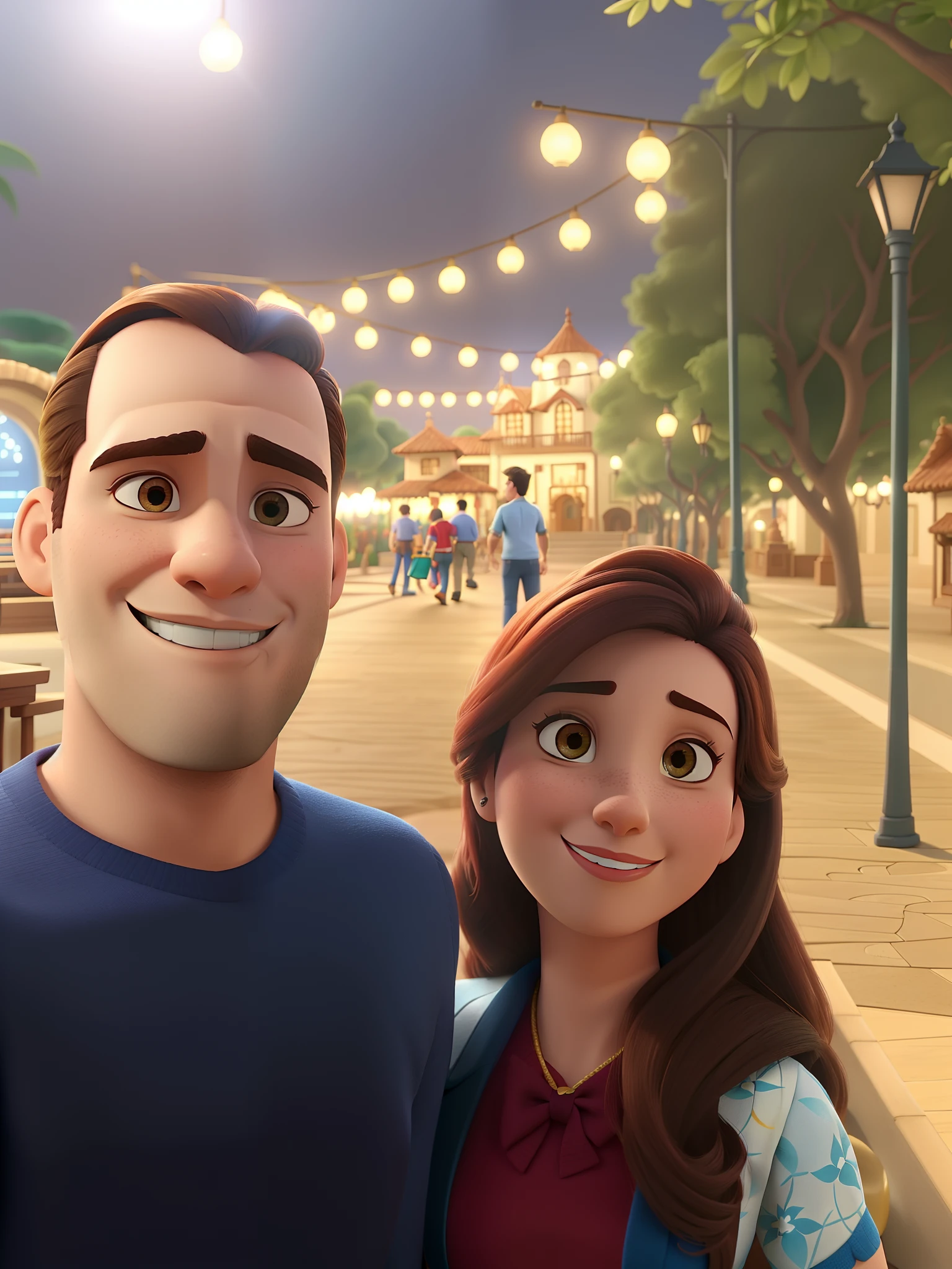 Casal (homem moreno e mulher branca) no estilo Disney Pixar, alta qualidade, melhor qualidade.