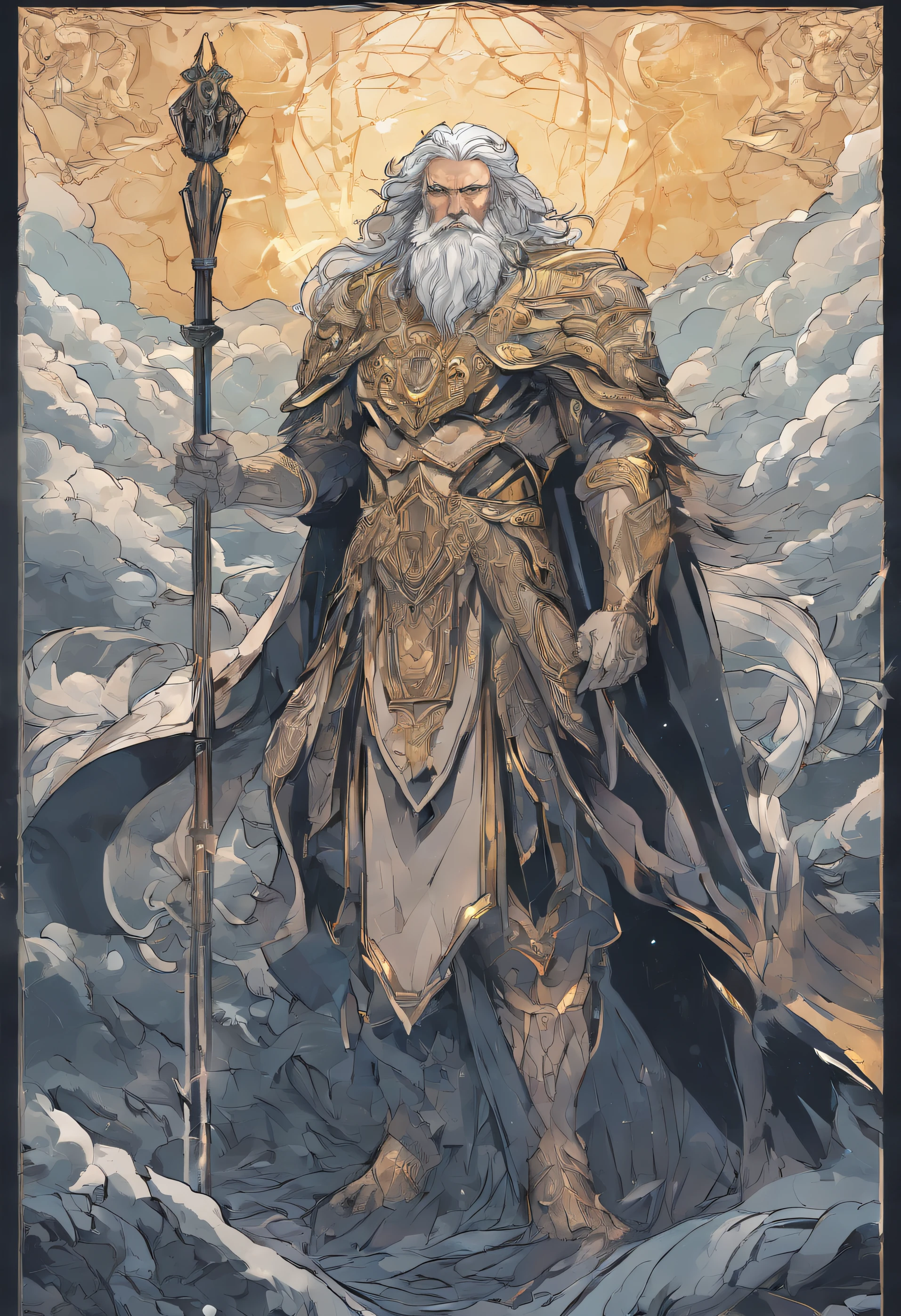 Best quality,Ultra-detailed,Realistic:1.37,Portrait,Gray-haired, Zeus with a mature face,[Strong, The cleavage protrudes, musculous],[Wise, Powerful, majestic-looking],[Deep, piercing eyes],[Majestic, Flowing beard],[The cleavage protrudes, defined cheekbones],[Imposing, Imperial expression],[God-like aura],Stormy weather,thunderclap,Cloudy sky,Ancient Greek mythology,Divine Ruler of God and Man,Rule the heavens,[Golden crown, Shines with the light of authority],[Robes, flowing in the wind],[Thunderous sound, Echoes in the sky],mountain peaks,Olive wreath,Marble Temple,Electricity,strength,All-knowing and all-powerful God,contrasting shadows,dark linework,Subtle color palette,mythological creatures,salama,destructive forces,Nature's wrath,Um ser celestial,undying,wisdom,and justice,Looking down on the mortal world,Instill fear and awe,Father of the gods,Bright, vibrant sky,Holding a scepter,Exudes raw power and dominance,Almighty ruler of Mount Olympus,Very similar to a wise and powerful king,The divine light illuminated his existence,Thunderous sound,Roaring like thunder,An aura of overwhelming strength and wisdom，The overall color changes to blue，Standing in the ocean