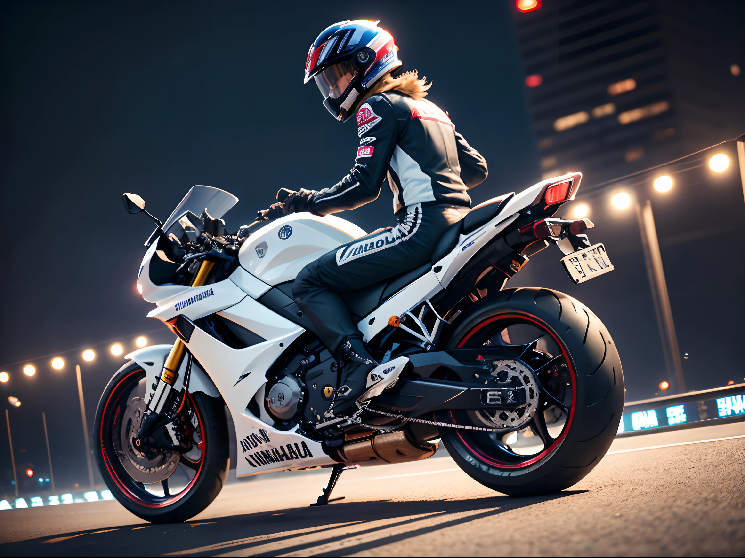 超A high resolution、An ultra-high picture quality、8K、Detailed details、marvelous expression、Big city at night、 Yamaha YZR500 (1990)(Marlboro Color)Riding on the track、Riders in white helmets and red leather suits ride、Ride beautifully through the circuit、