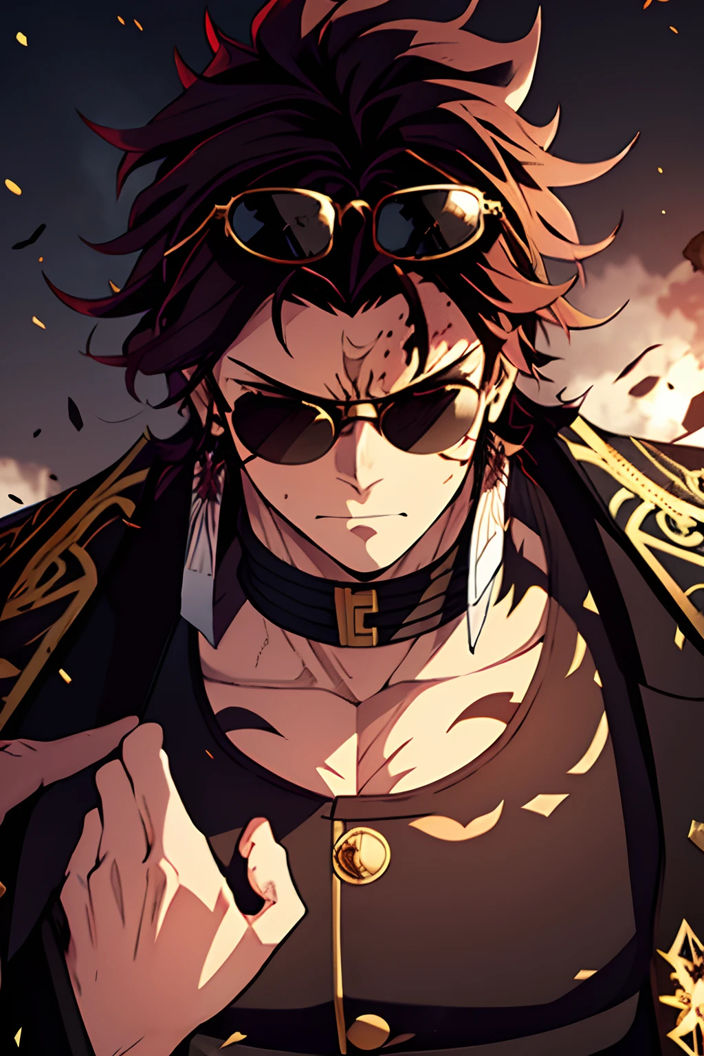 Long bronze hair, messy hair, red birthmark on forehead, sunglasses, black round / circular sunglasses, fancy black outfit with golden engravings, white coat on top, fur coat, no sleeves, muscular male, buff, powerful looking, full of energy