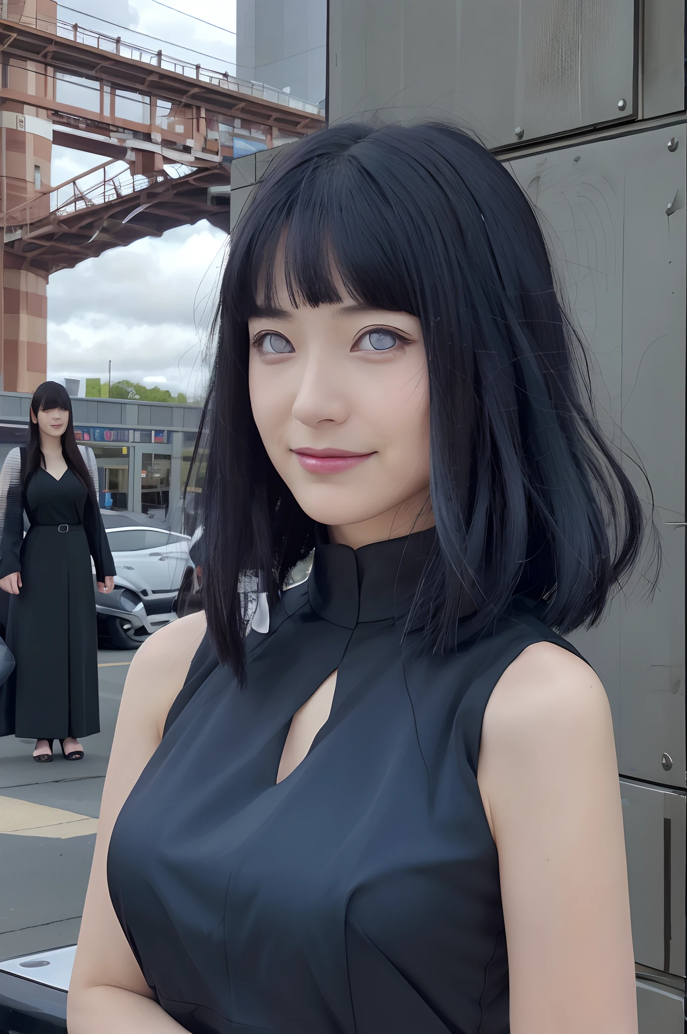masterpiece, hinata\(boruto\), 1girl, solo, mature female, (((black dress))), tight skirt, ((modest outfit)), outdoors, looking at viewer, cloudy sky, perfect composition, detailed lips, big breast, beautiful face, body propotion, blush, (pink lips), ((long hair)), girl 25 years old, purple eyes, soft gaze, sad smile, super realistic, detailed, photoshoot, realistic face and body, realistic hair, realistic eyes, realistic nose, realistic lips, (((dark blue hair))), sleeveless dress