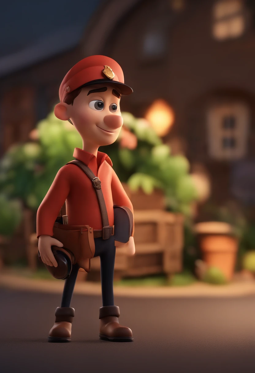 Cartoon character of a man wearing black cap and a black shirt with a crossbody bag an animated character, Caractere estilizado, animation style rendering, 3D estilizado, Arnold Maya render, 3 d render stylized, toon render keyshot, Personagem 3D, Personagem 3D, 3d rendering stylized, 3 d character render, personagem de desenho animado, Personagem de close up, Pose de personagem, (Estilo Pixar) (master part:1.2) (Bokeh) (best quality) (pele detalhada) (textura detalhada) (8k) (argila) (Cinematic lighting) (foco nítido，Senta e vaza a parte superior do corpo