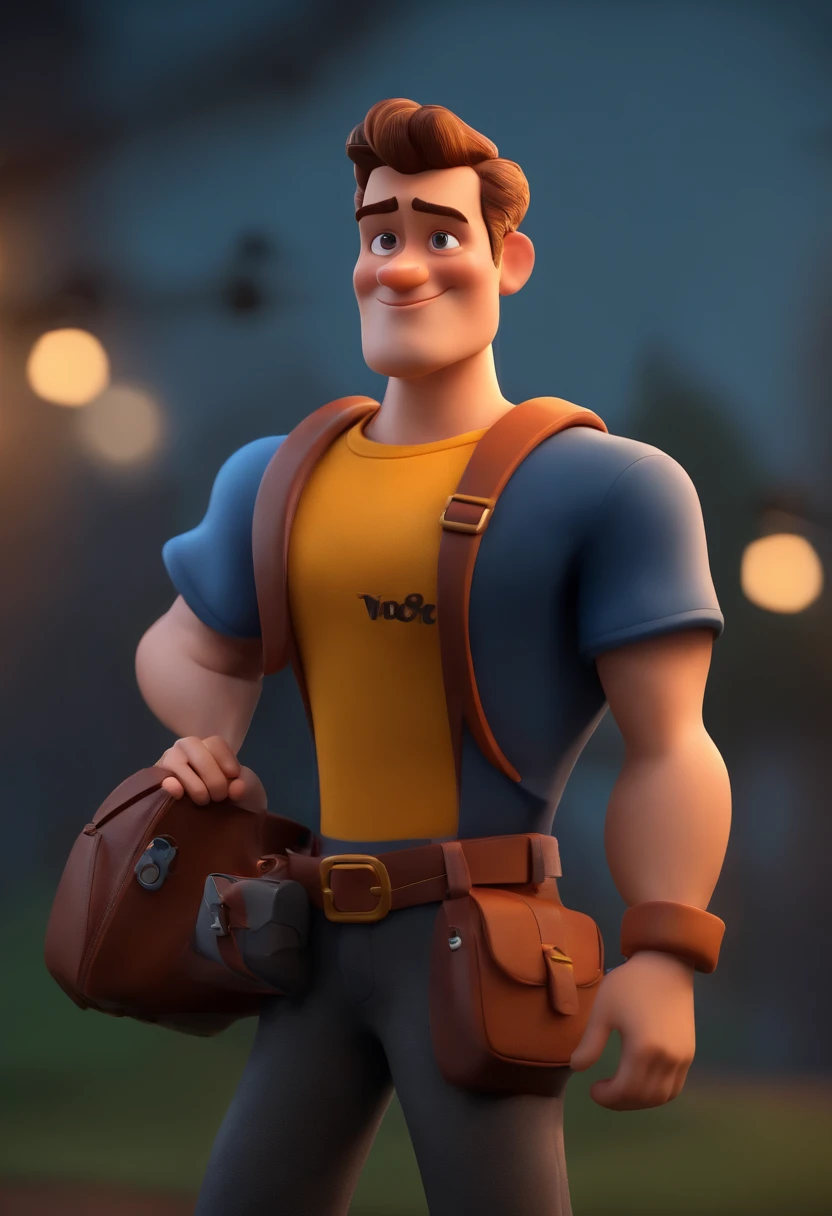 Cartoon character of a man wearing black cap and a black shirt with a crossbody bag an animated character, Caractere estilizado, animation style rendering, 3D estilizado, Arnold Maya render, 3 d render stylized, toon render keyshot, Personagem 3D, Personagem 3D, 3d rendering stylized, 3 d character render, personagem de desenho animado, Personagem de close up, Pose de personagem, (Estilo Pixar) (master part:1.2) (Bokeh) (best quality) (pele detalhada) (textura detalhada) (8k) (argila) (Cinematic lighting) (foco nítido，Senta e vaza a parte superior do corpo