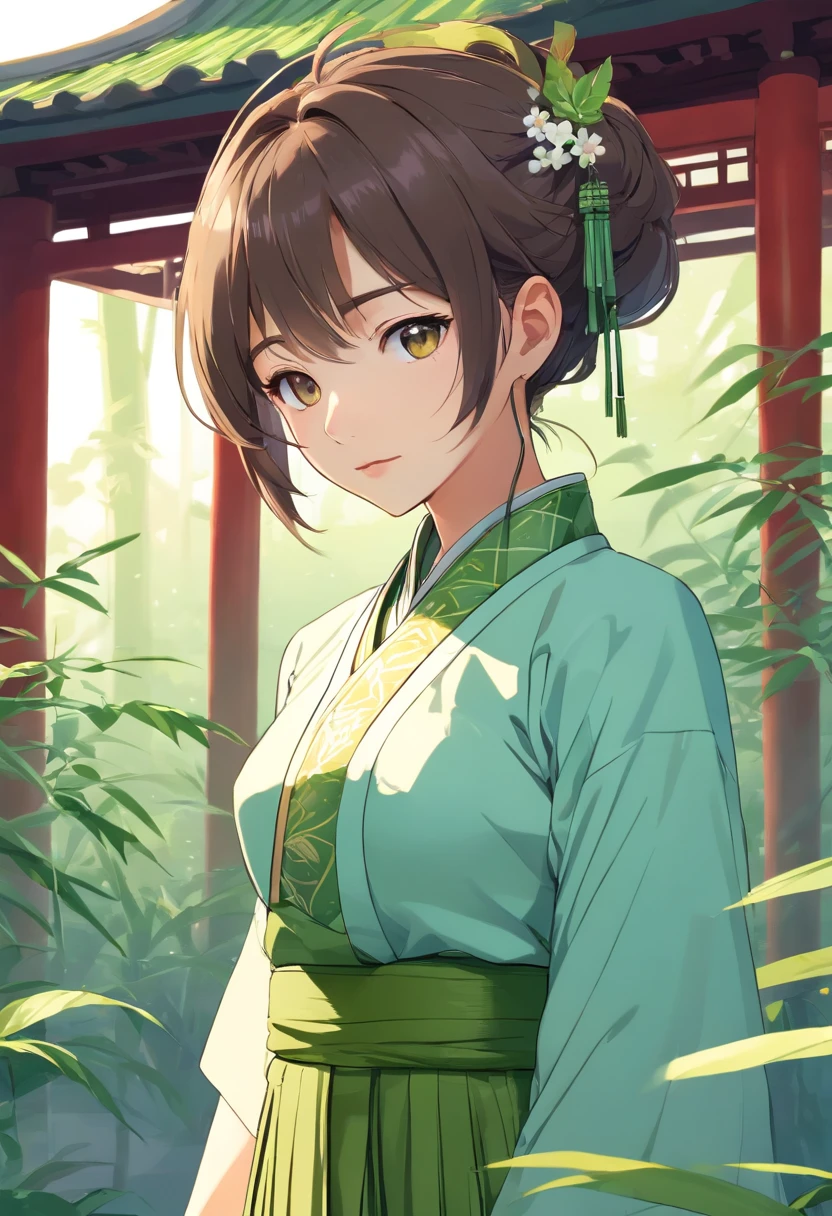 1 sticker, handbook, (sticker, 1 girl, Chinese Ming Dynasty clothes, gorgeous collar top, pleated long skirt, hanfu, embroidery, hairpin, bamboo, moss, pavilion), watercolor, white background, simple background, minimal, cute, tiny, pastel color, vector style, no gradient,