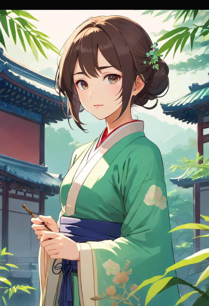 1 sticker, handbook, (sticker, 1 girl, Chinese Ming Dynasty clothes, gorgeous collar top, pleated long skirt, hanfu, embroidery, hairpin, bamboo, moss, pavilion), watercolor, white background, simple background, minimal, cute, tiny, pastel color, vector style, no gradient,