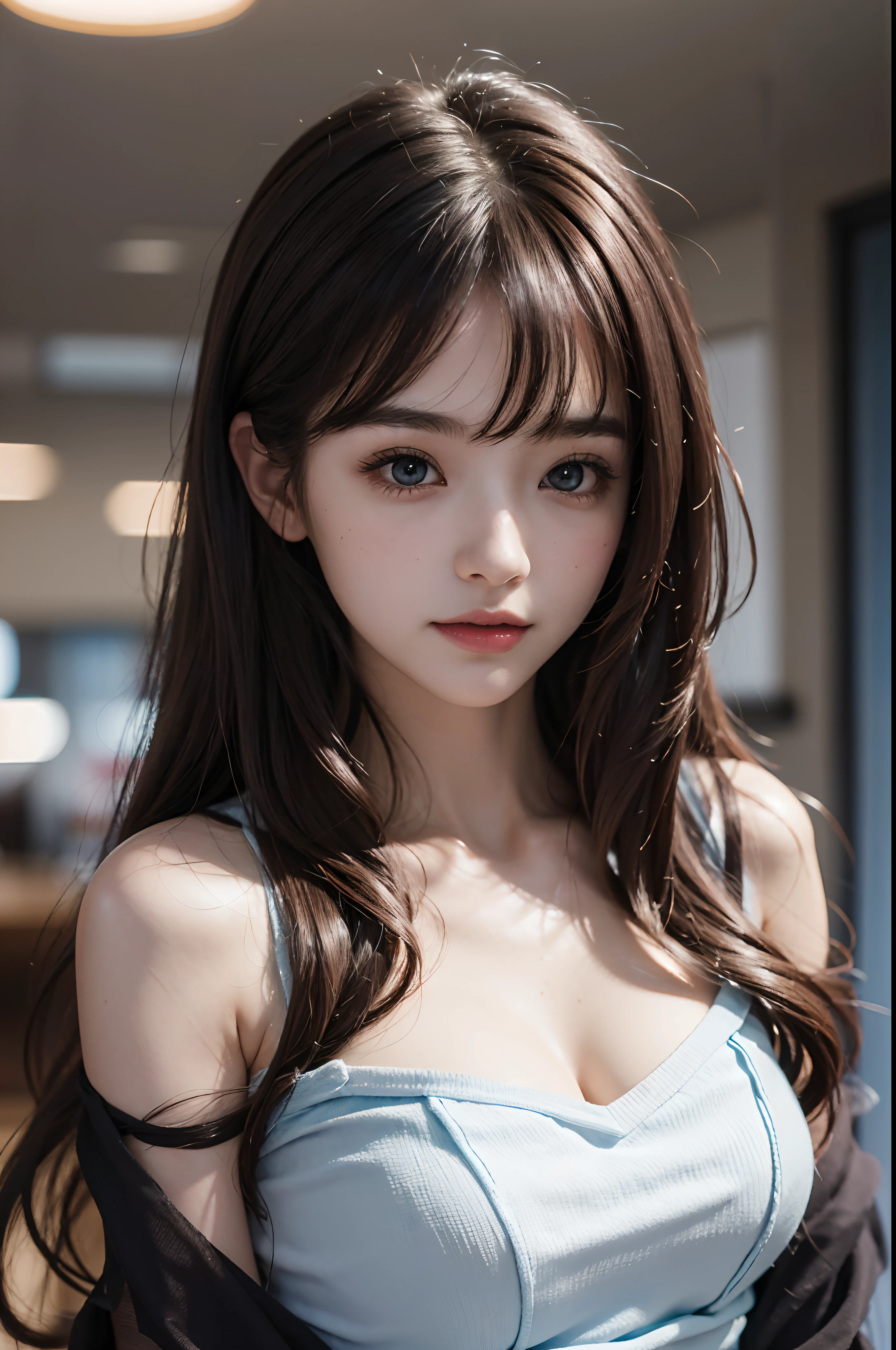 ((Girls at idle level)), masterpiece, The highest image quality, ultra-detailliert, (perfectbody:1.2), (Perfect face+dishevled hair+Semi-long hair), middlebreasts, Viewer's Perspective, detailed hairs,(ssmile)、Detailed eyes(realisticeyes),profetional lighting,Beautiful breasts,(Blue Eye),Black shirt,((dark brown hair)),cinemac lighting,absurderes,二重まぶた,((An ultra-high picture quality)),Raw photo,8K