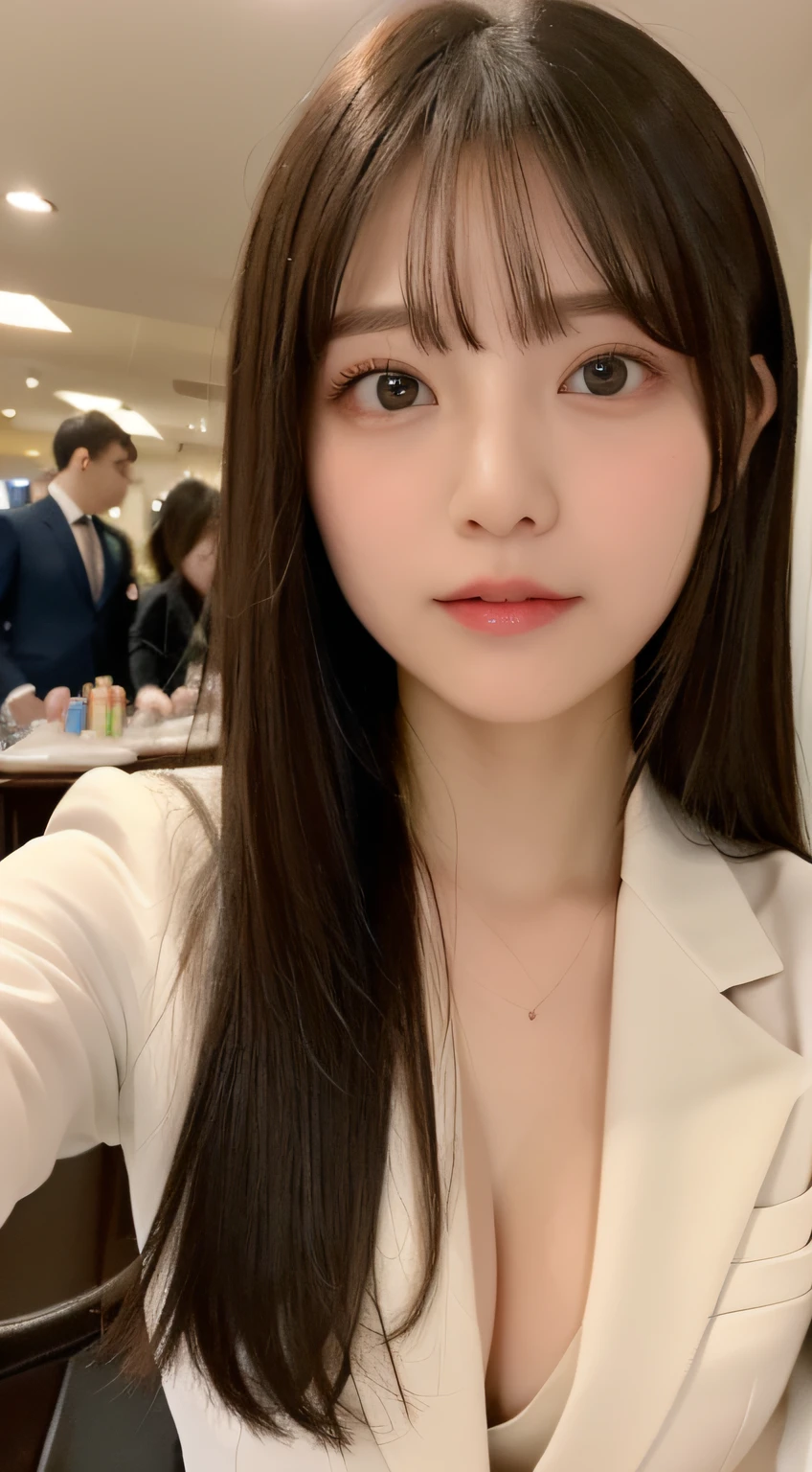 ((top-quality、8K、​masterpiece:1.5))、One girl、(Unhealthy face)、(Letter to)、Blunt bangs、(Lots of bangs:1.4)、(full body Esbian:1.4)、(Symmetrical face)、hyperdetailed face、Ultra detailed mouth、A detailed eye、Detailed ears、Slim Faces、(selfee:1.4)、(off shoulders)、(Armpit)、(Looking Up)、(From  above)、(Straight long hair、Ahoge:1.3)、(Upper Eyes)、the background is blurred、(formal suit:1.3)、lipgloss、(casino)、(natural soft light:1.3)、