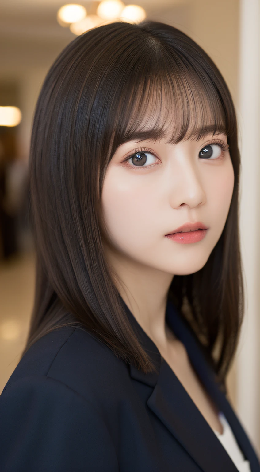 ((top-quality、8K、​masterpiece:1.5))、One girl、(Unhealthy face)、(Letter to)、Blunt bangs、(Lots of bangs:1.4)、(full body Esbian:1.4)、(Symmetrical face)、hyperdetailed face、Ultra detailed mouth、A detailed eye、Detailed ears、Slim Faces、(selfee:1.4)、(off shoulders)、(Armpit)、(Looking Up)、(From  above)、(Straight long hair、Ahoge:1.3)、(Upper Eyes)、the background is blurred、(formal suit:1.3)、lipgloss、(casino)、(natural soft light:1.3)、