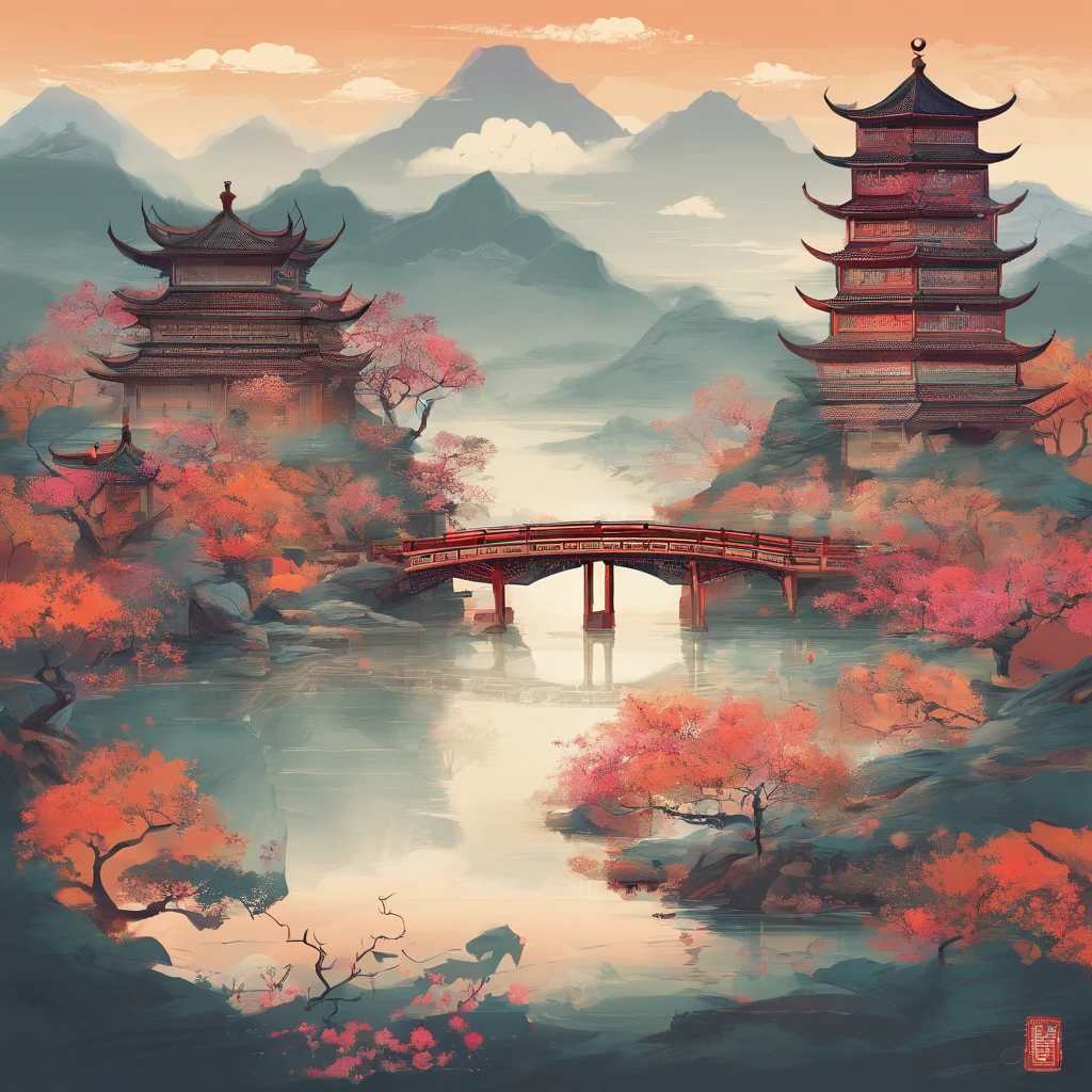 Chinese landscape painting,mandala pattern