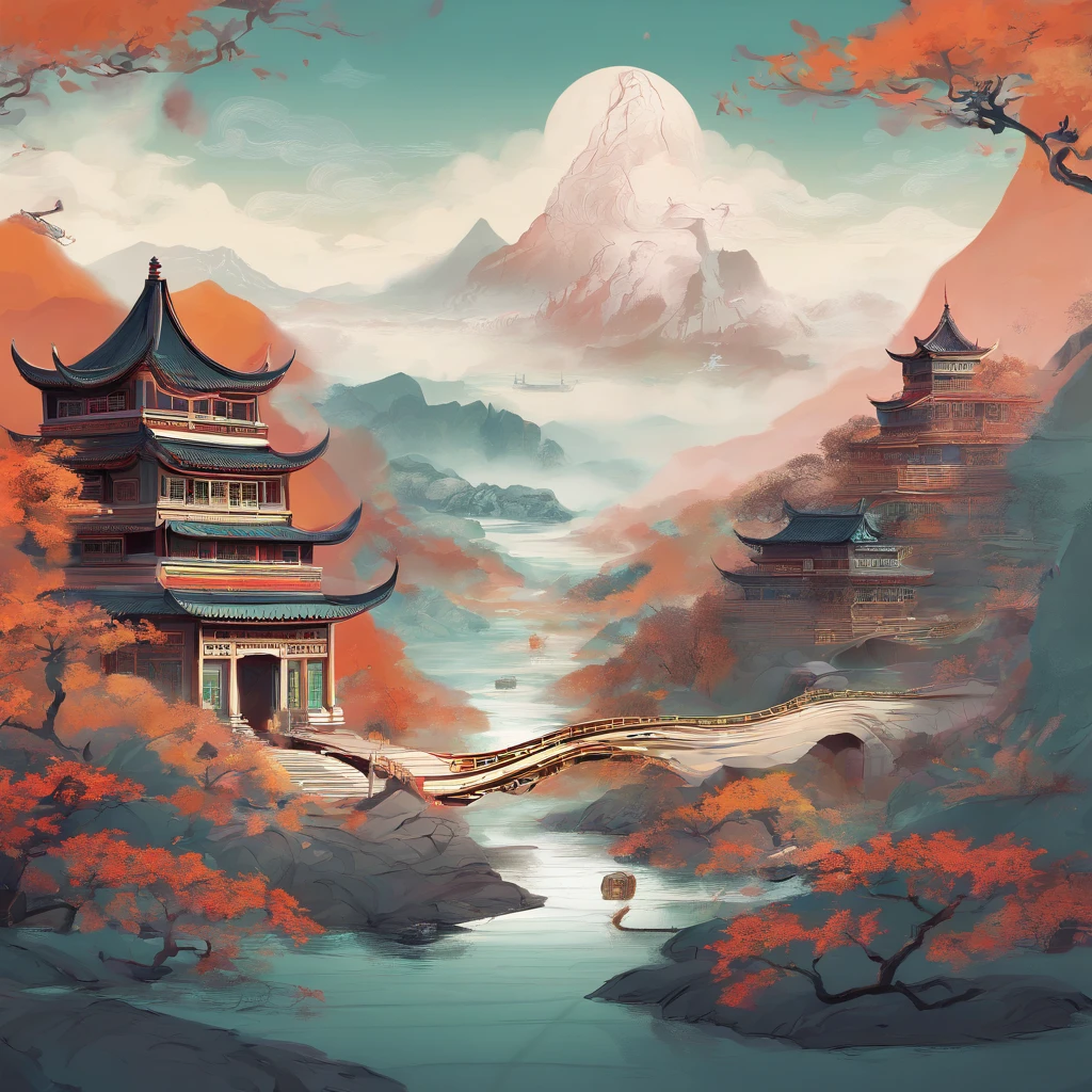Chinese landscape painting,mandala pattern