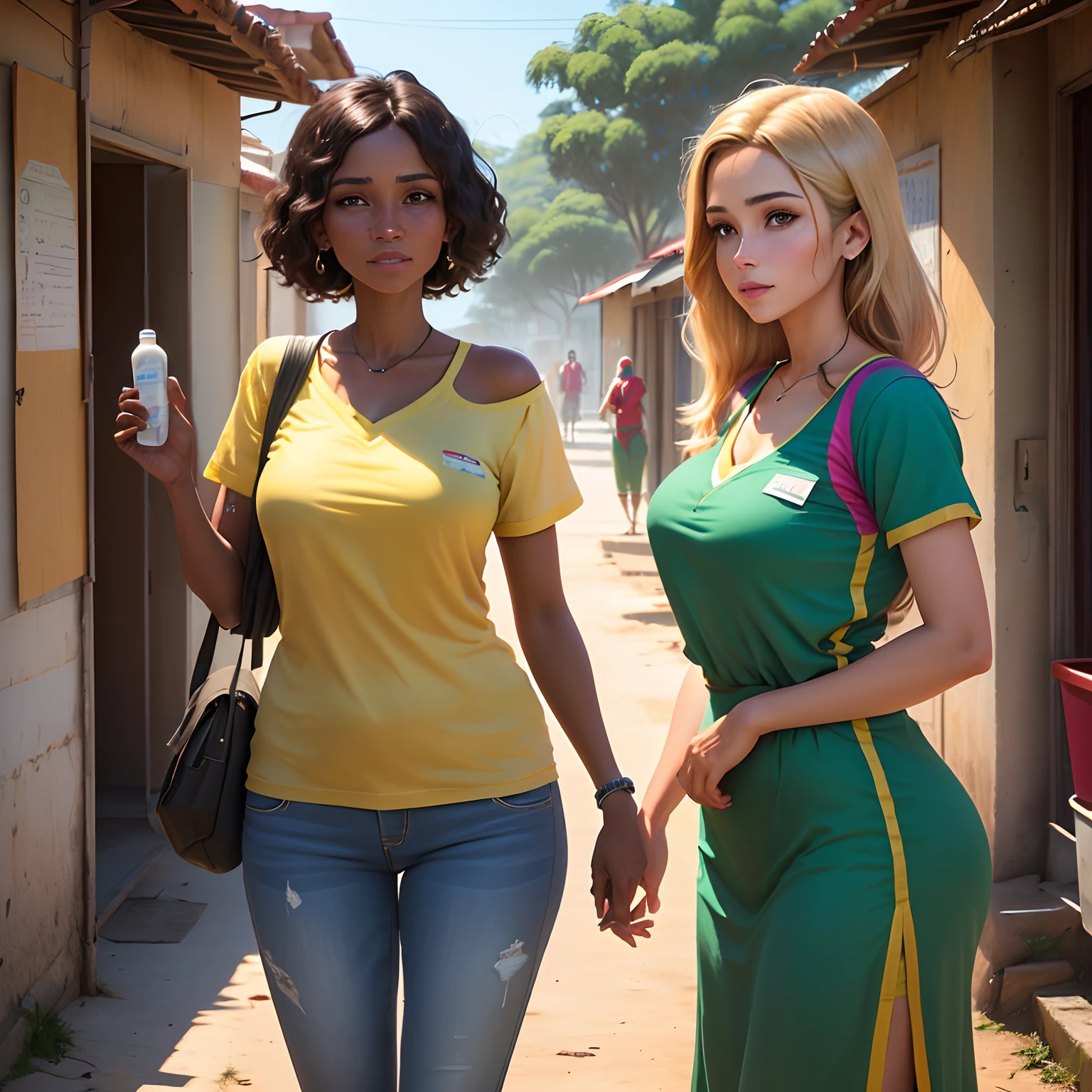 a 3d Disney style movie post garota morena, baixinha,do cabelo cacheado longo vestida uma blusa branca e uma saia marrom, with an injection in hand, Alongside community health workers , Title: Community Health Agent