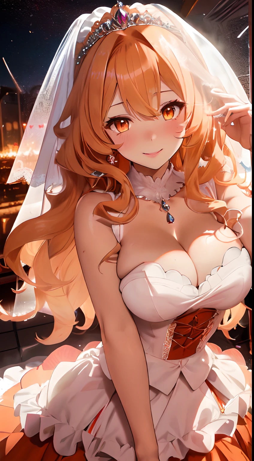 fluffy hair,flaxen hair,Orange Eyes,red tide,Sexy lips,Gloss々Lips,Breasts wide open,Valley,Heart mark in hand,Shy smile,Asymmetrical skirt hem,Luxurious dresses,Light pink wedding dresses,Wearing a veil,Tiara on the head,Confetti is flying
