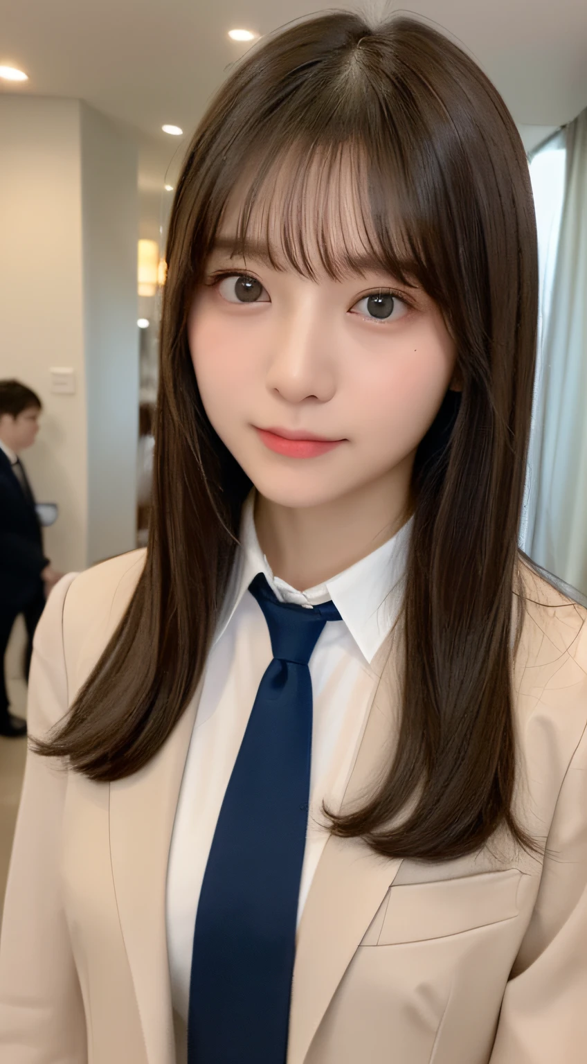 ((top-quality、8K、​masterpiece:1.5))、One girl、(Unhealthy face)、(Letter to)、Blunt bangs、(Lots of bangs:1.4)、(full body Esbian:1.4)、(Symmetrical face)、hyperdetailed face、Ultra detailed mouth、A detailed eye、Detailed ears、Slim Faces、(selfee:1.4)、(off shoulders)、(Armpit)、(Looking Up)、(From  above)、(Straight long hair、Ahoge:1.3)、(Upper Eyes)、the background is blurred、(formal suit、neck tie:1.3)、lipgloss、(hotel entrance)、(natural soft light:1.3)、