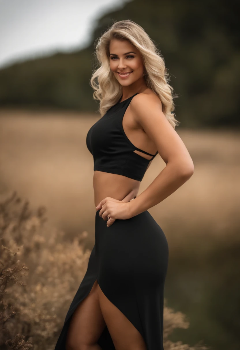 holding black dietary supplement bottle in hand, profesional, (Foto 4k:1.1) por (Jeremy Lipking:0.3), (Dittmann Anna:0.3), (Marca ariana:0.3), (foco nítido:1.3), High detail, Vistiendo (Camisa escotada:1.2), Hermosa cara detallada, Ojos color avellana, cabello largo y rubio, (Mujer joven atractiva:1.3), (seductor:1.1), (ruboroso:1.1), Forma del cuerpo con curvas, pechos muy grandes y muy redondos grandes, caderas muy anchas de Thicc, Diosa rubia, Traje ajustado, Vestimenta ajustada, sonriendo seductoramente, cara bonita, Chica perfecta de pelo blanco, Pose satisfecha, Linda sonrisa seductora, hermosa chica rubia, buena joven, beautiful angle, Pose atractiva, girl, pose sexy, Una hermosa rubia, Imagen de cuerpo entero, cuerpo completo, full body shoot, con falda y botas negras