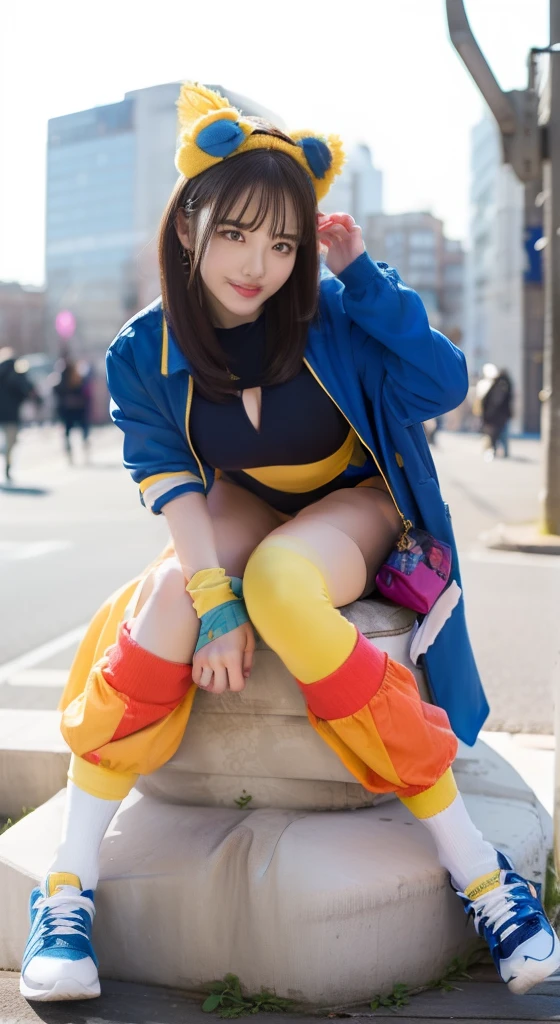 Cute look、infp young woman、large full breasts、beautiful foot、Colorful hair、、Good Style、Tops、Leotard、Blue jacket、Yellow Knee Socks