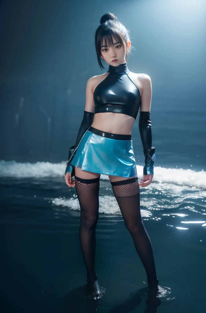 Young Female Ninja、cool expression、short-cut、full body Esbian、Tight mini skirt、fishnet tights、Shiny Light Blue Ninja Costume、full body Esbian、standing on water