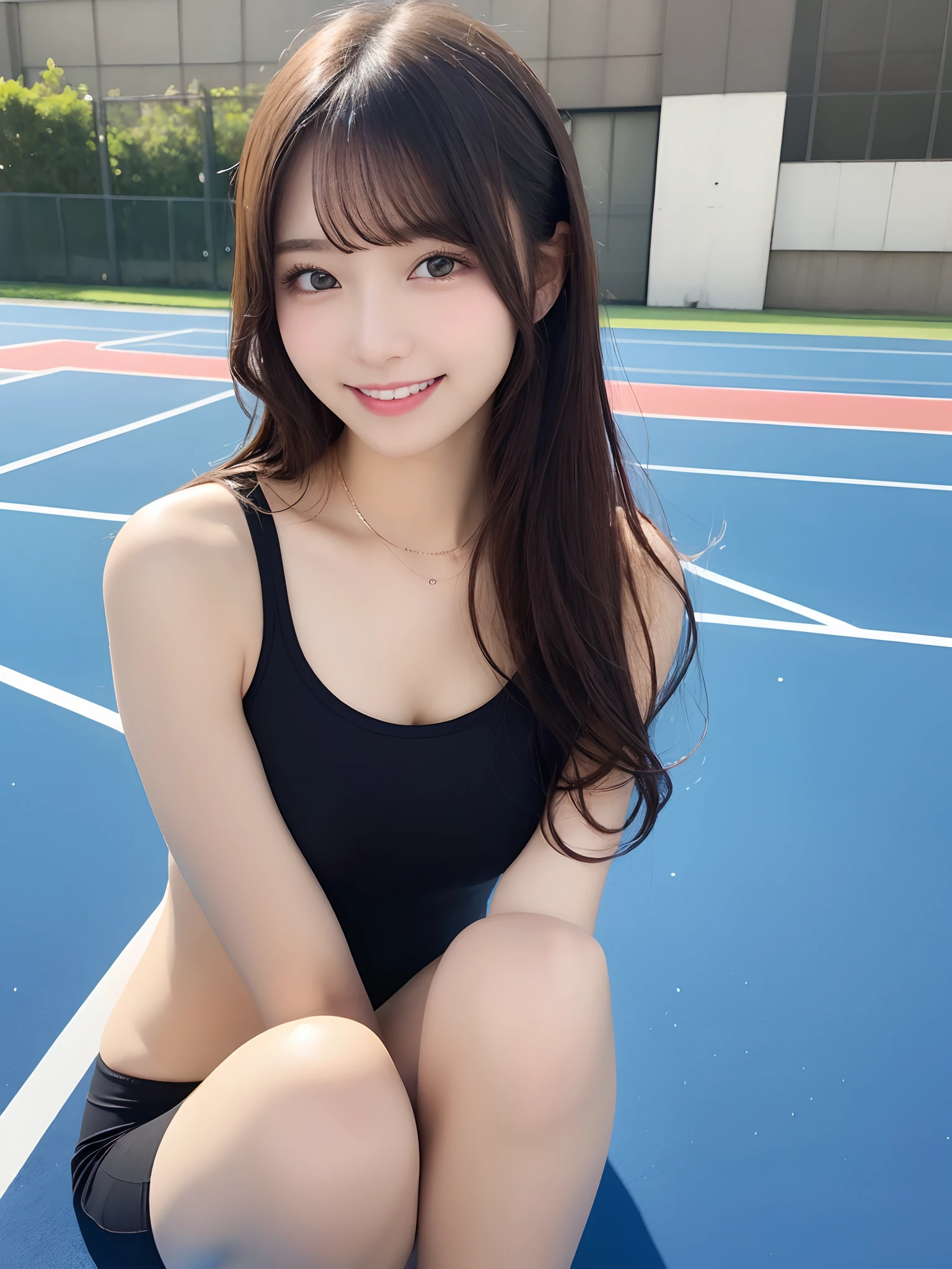 A neat female college student,  people, (spats, Play sports often), Outside the playground, (slim), Realistic, detailed, Skin Texture, ultra detailed, Delicate and sexy collarbone, smile, super detaileded face, detaileded lips, detaileded eyes, small breasts, small, small breasts, small, flat breasts, flat、Sideide、Sweaty、Crisp pubic area、Moriman